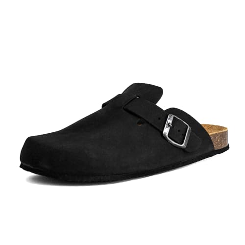 JOMIX Hausclogs Damen Pantoletten Geschlossen mit Schnalle Wildlederoptik Korkfußbett Rutschfeste EVA-Sohle Bequeme Mules Sabots für Zuhause Arbeit