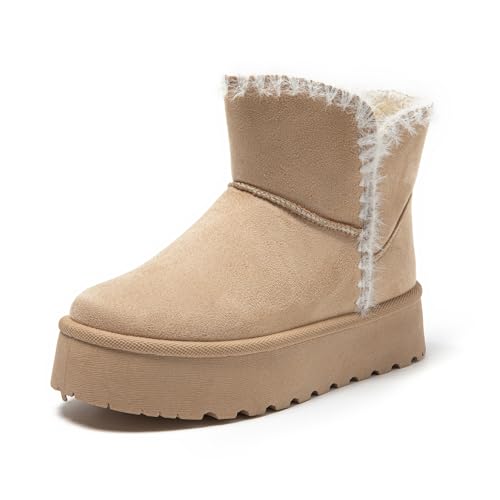 JOMIX Schneestiefel Damen Klassische Kunstwildleder Stiefel Gefüttert Lammfell Slip On Stiefeletten