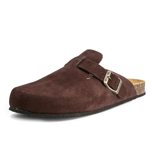 JOMIX Hausclogs Damen Pantoletten Geschlossen mit Schnalle Wildlederoptik Korkfußbett Rutschfeste EVA-Sohle Bequeme Mules Sabots für Zuhause Arbeit
