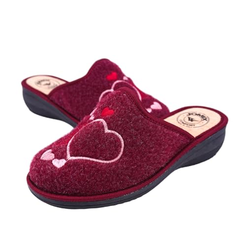 JOMIX Damen Hausschuhe Winter Bequeme Pantoffeln Niedriger Keilabsatz aus Filz mit Gestickten Herzen Warm Weich Rutschfest Made in Italy