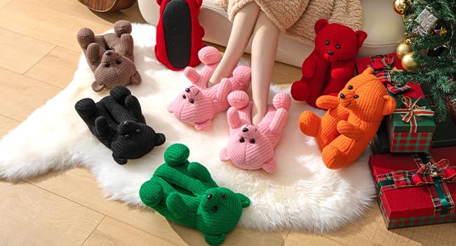 JOMIX Winter Hausschuhe Damen Bären Lustige Pantoffeln Warme Tieren Hüttenschuhe Bunte Slippers Indoor