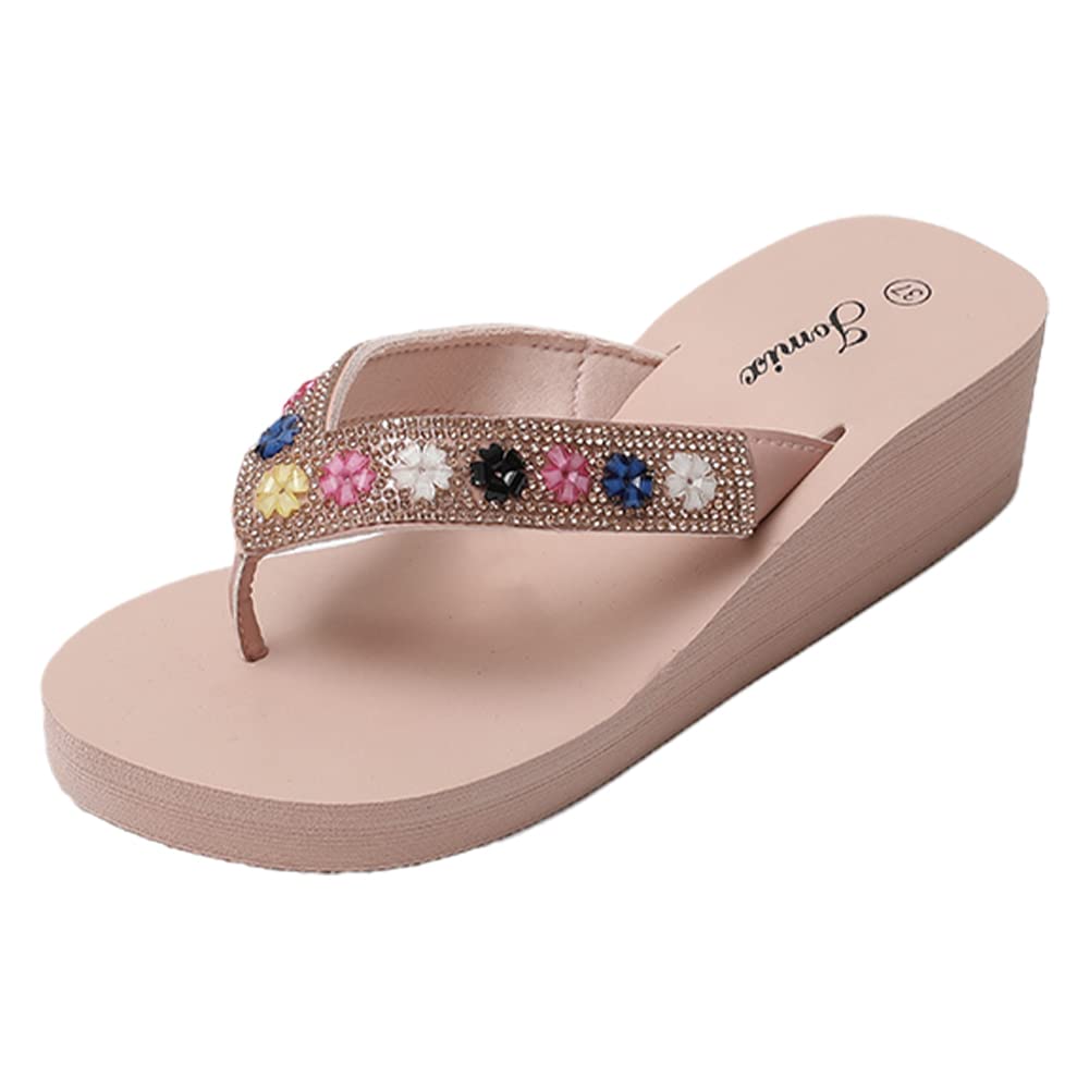 JOMIX Sommer Sandalen Keilabsatz Flip Flops Damen Elegant Zehentrenner Damen Glitzer Strasssteine Sandaletten Weiche Fußbett Pool Meer Strand Outdoor