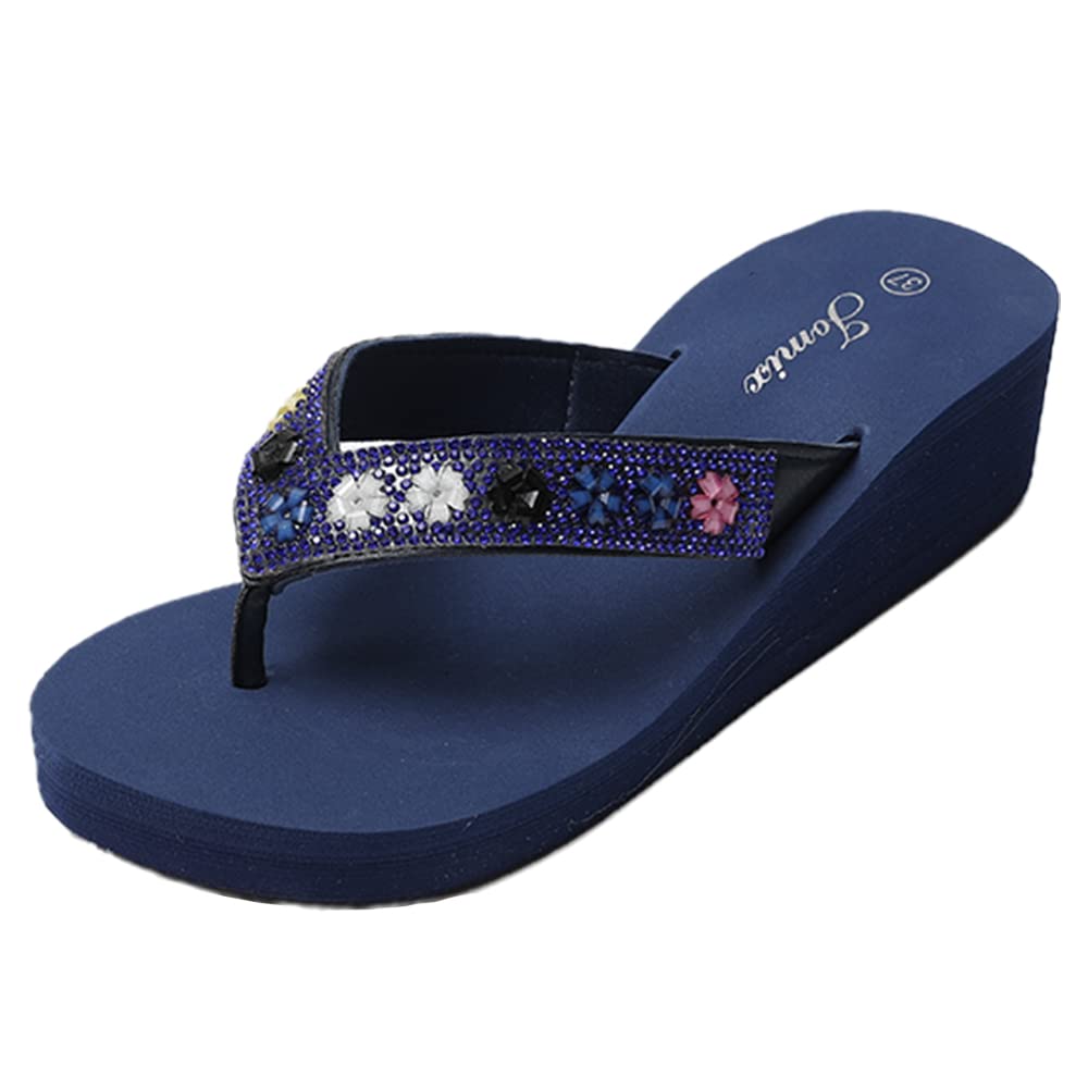 JOMIX Sommer Sandalen Keilabsatz Flip Flops Damen Elegant Zehentrenner Damen Glitzer Strasssteine Sandaletten Weiche Fußbett Pool Meer Strand Outdoor
