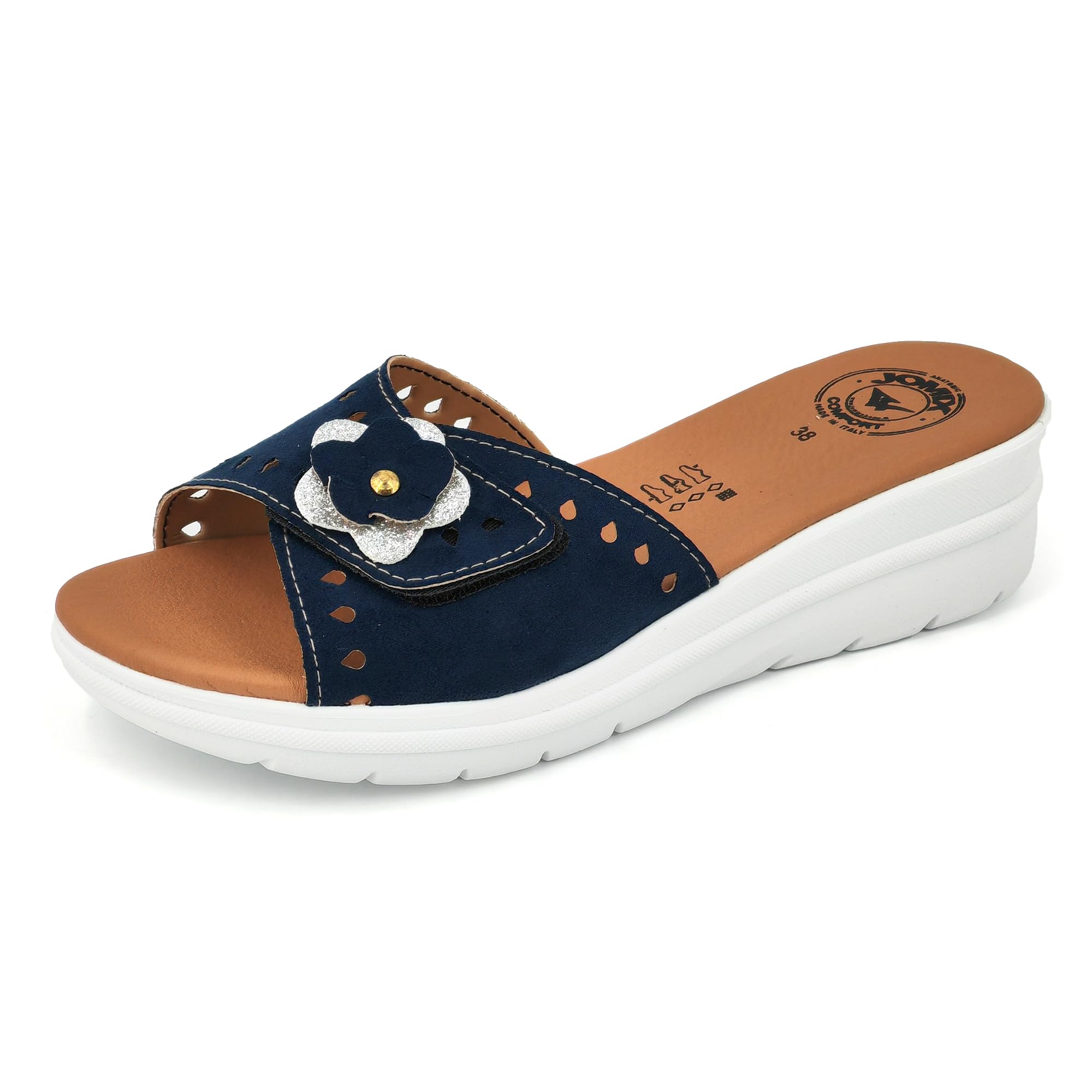 JOMIX Damen Pantoffeln mit Klettverschluss Leder Sandalen Sommer Plateau Pantoletten Keilabsatz Rutschfest Schlappen