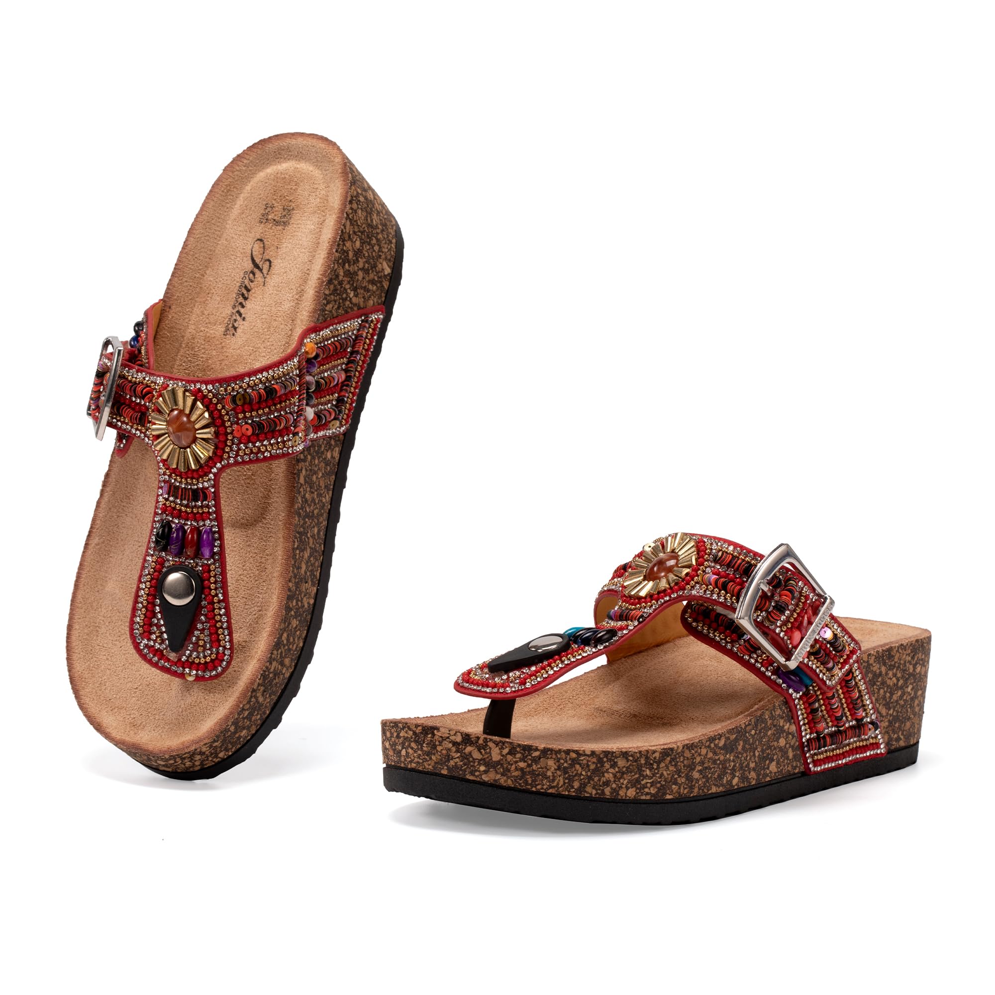 JOMIX Damen Pantoletten Sandalen Sommer Glitzer Clogs Kork Flip Flops mit Strasssteine Verstellbare Schnalle Bohemian Sandaletten Bequeme Strand Meer Sommerschuhe