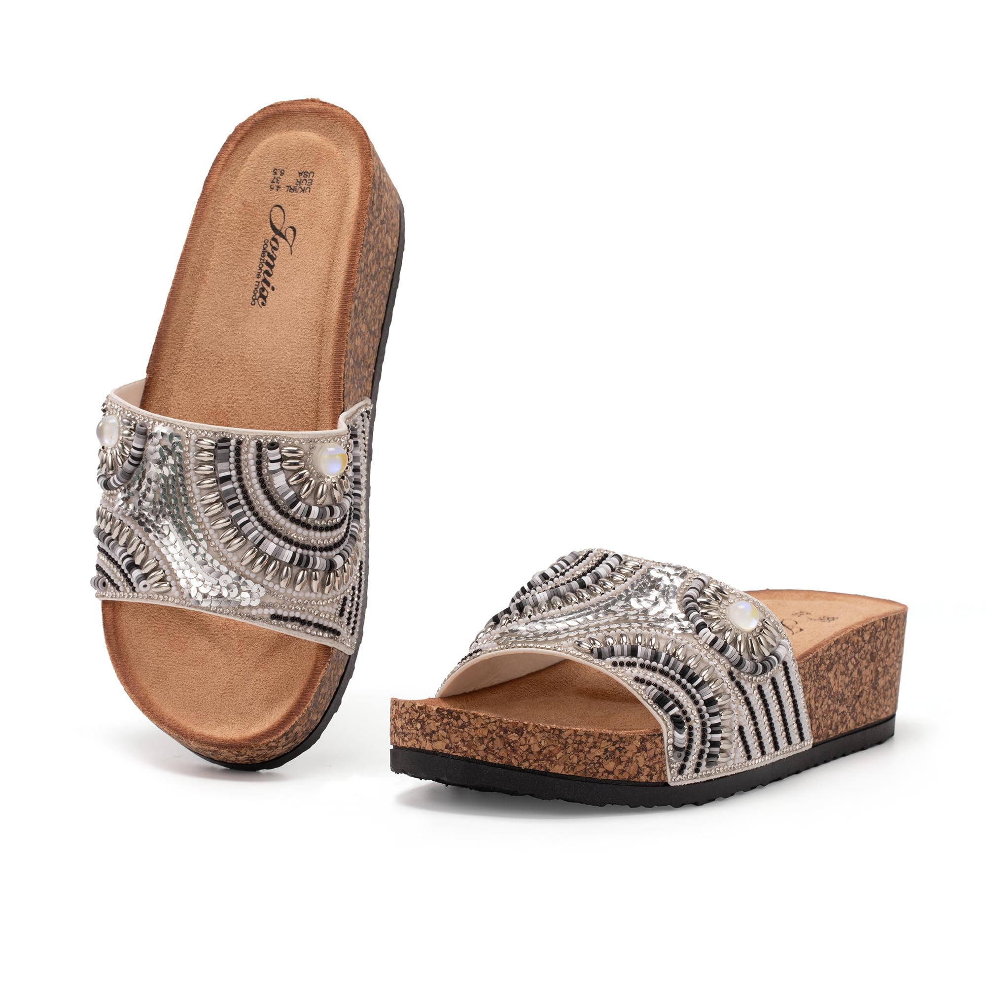 JOMIX Pantoletten Damen Glitzer Clogs Bohemian Bunte Sandalen mit Strassstein Plateau Bequeme Strand Kork Schuhe Sandals Römer Elegant Sandalette