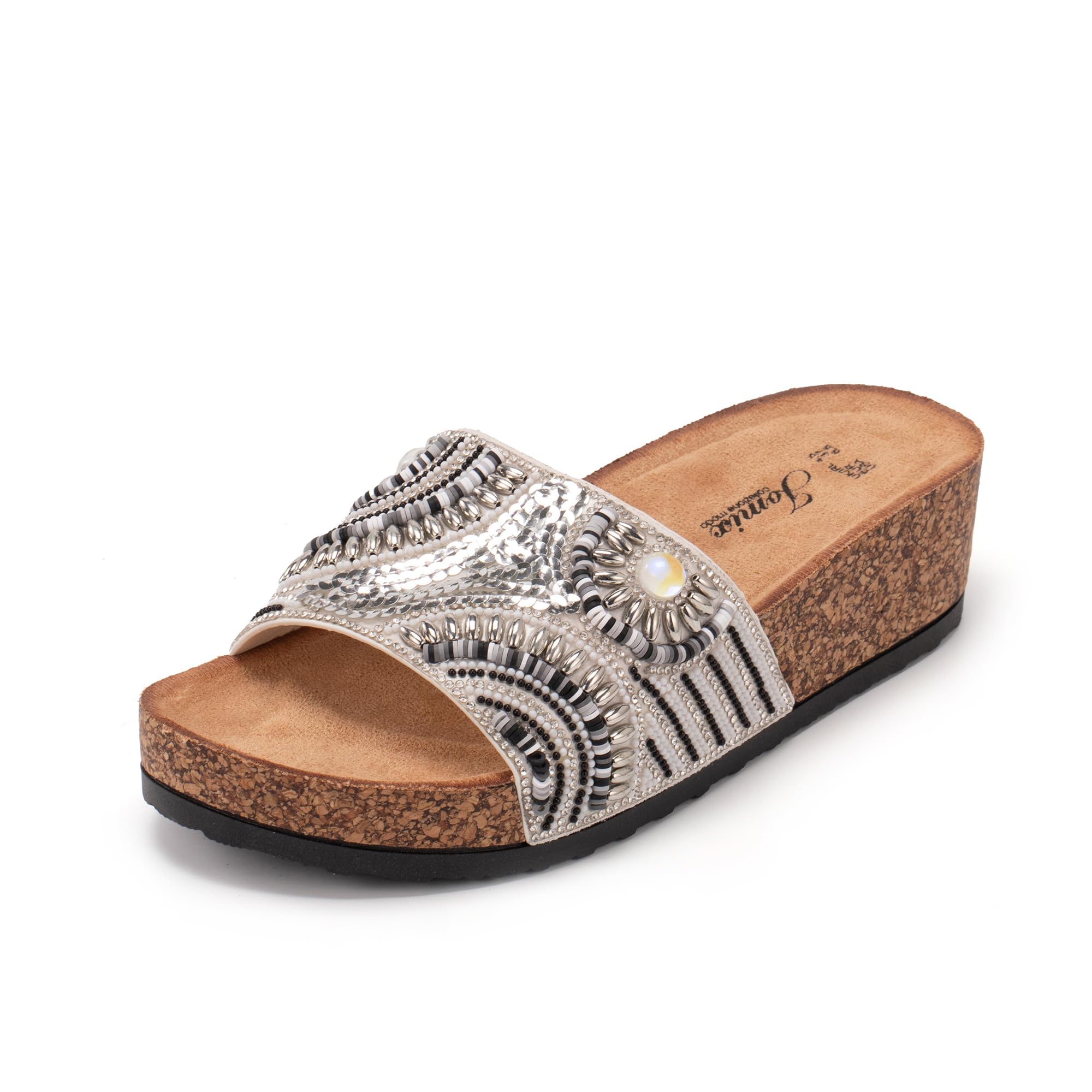 JOMIX Pantoletten Damen Glitzer Clogs Bohemian Bunte Sandalen mit Strassstein Plateau Bequeme Strand Kork Schuhe Sandals Römer Elegant Sandalette