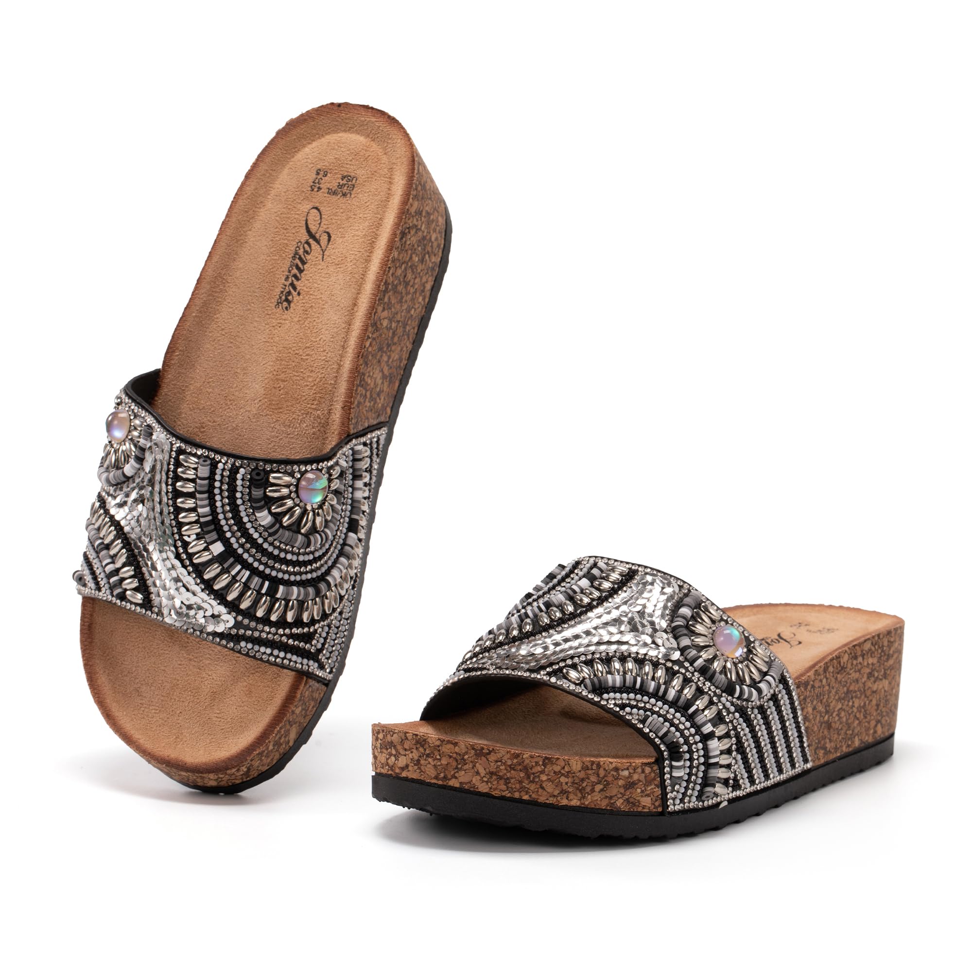 JOMIX Pantoletten Damen Glitzer Clogs Bohemian Bunte Sandalen mit Strassstein Plateau Bequeme Strand Kork Schuhe Sandals Römer Elegant Sandalette