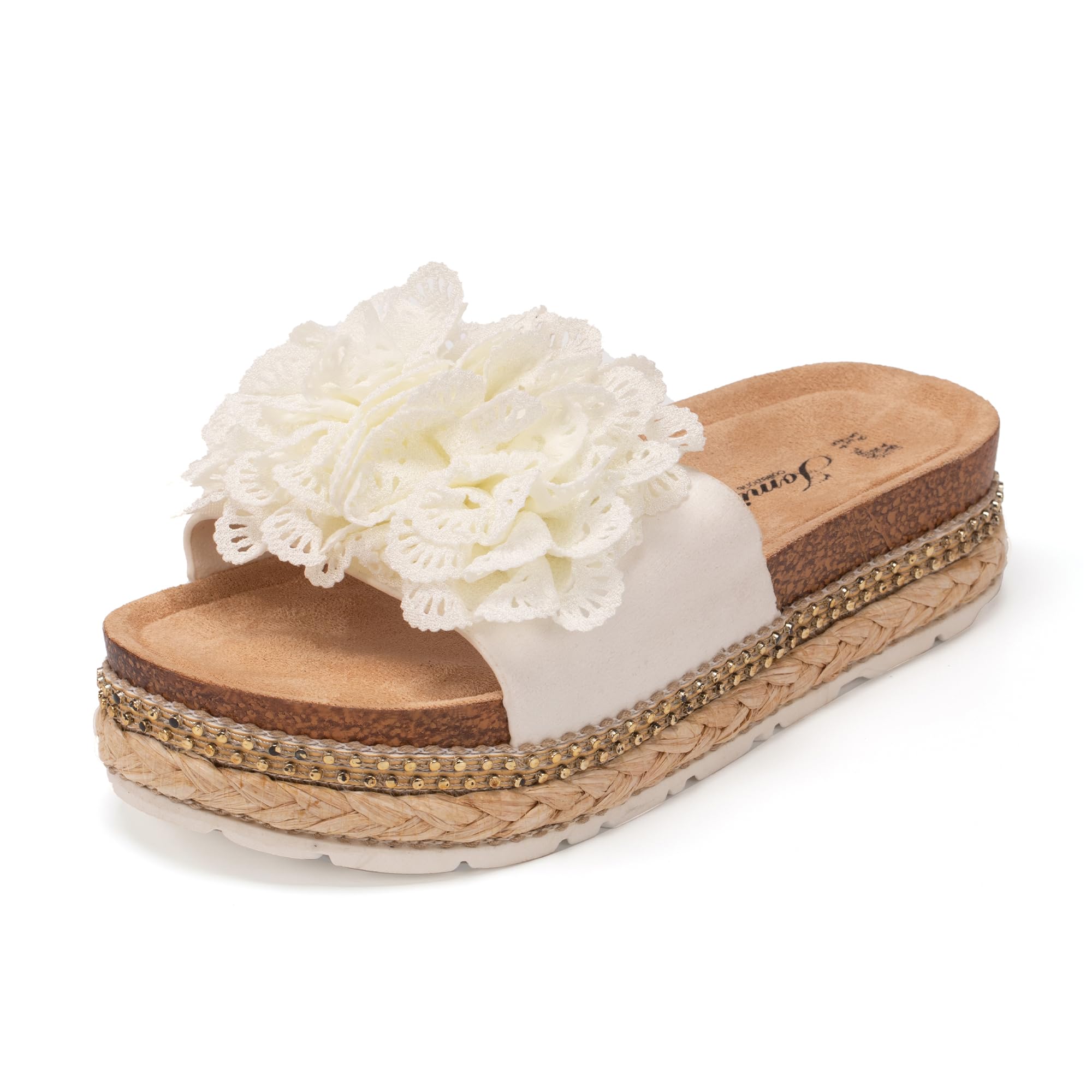 JOMIX Damen Sandalen Pantoletten mit Absatz Blumen Clogs Dicke Sohle Kork Hausschuhe Sommerschuhe Slipper Wandern Meer Strand Pool