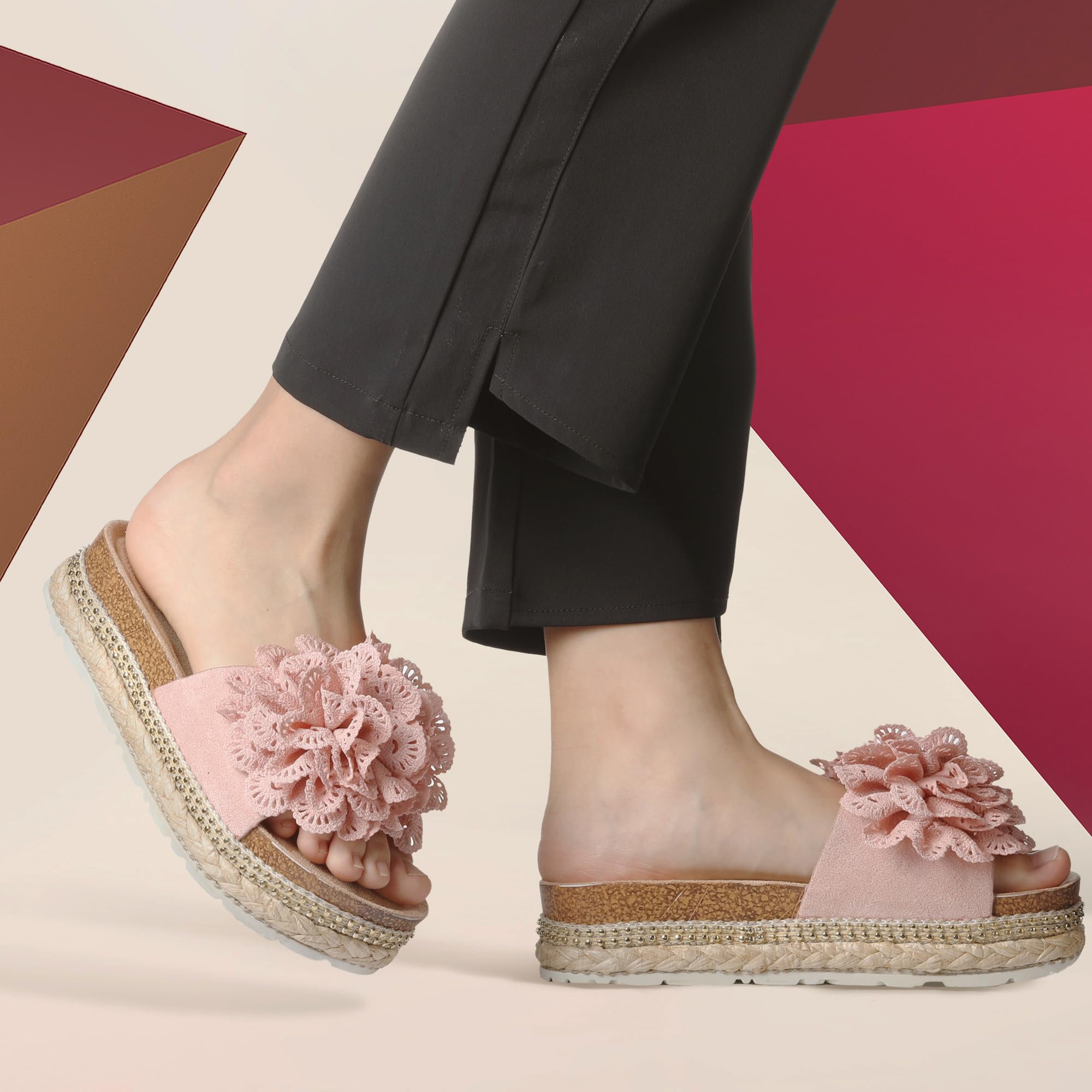 JOMIX Damen Sandalen Pantoletten mit Absatz Blumen Clogs Dicke Sohle Kork Hausschuhe Sommerschuhe Slipper Wandern Meer Strand Pool