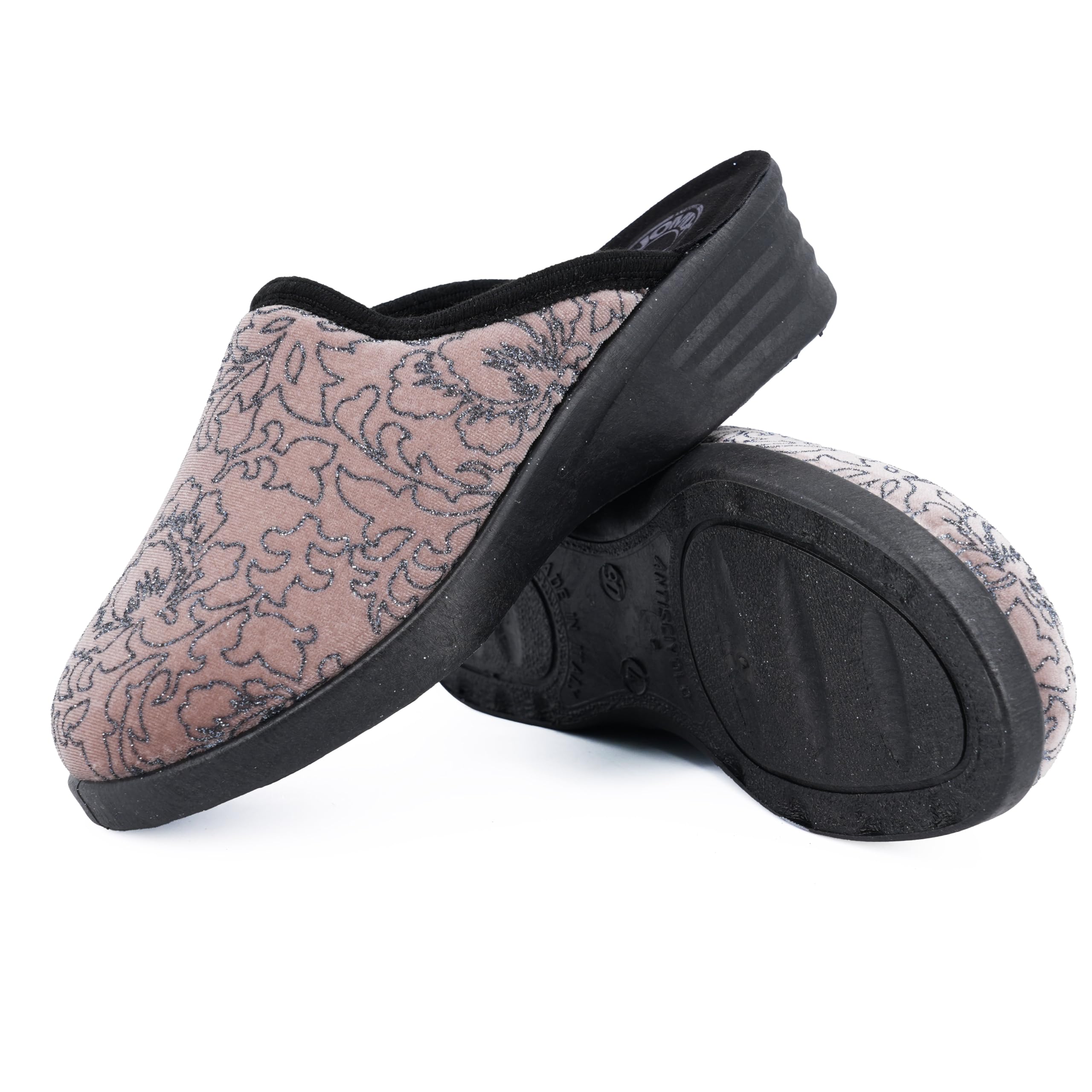 JOMIX Hausschuhe Damen Pantoletten mit Absatz Winter Bequeme Bedruckte Pantoffeln Made in Italy