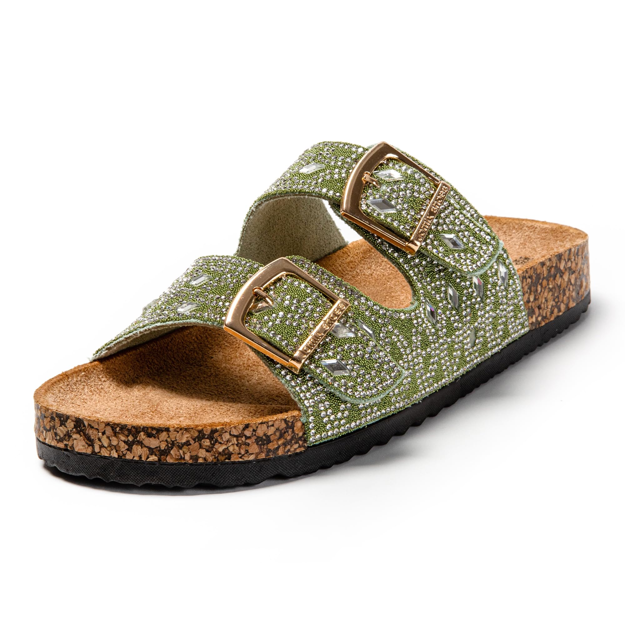 JOMIX Pantoletten Damen Glitzer Clogs Bohemian Bunte Sandalen mit Strass Plateau Bequeme Strand Kork Schuhe