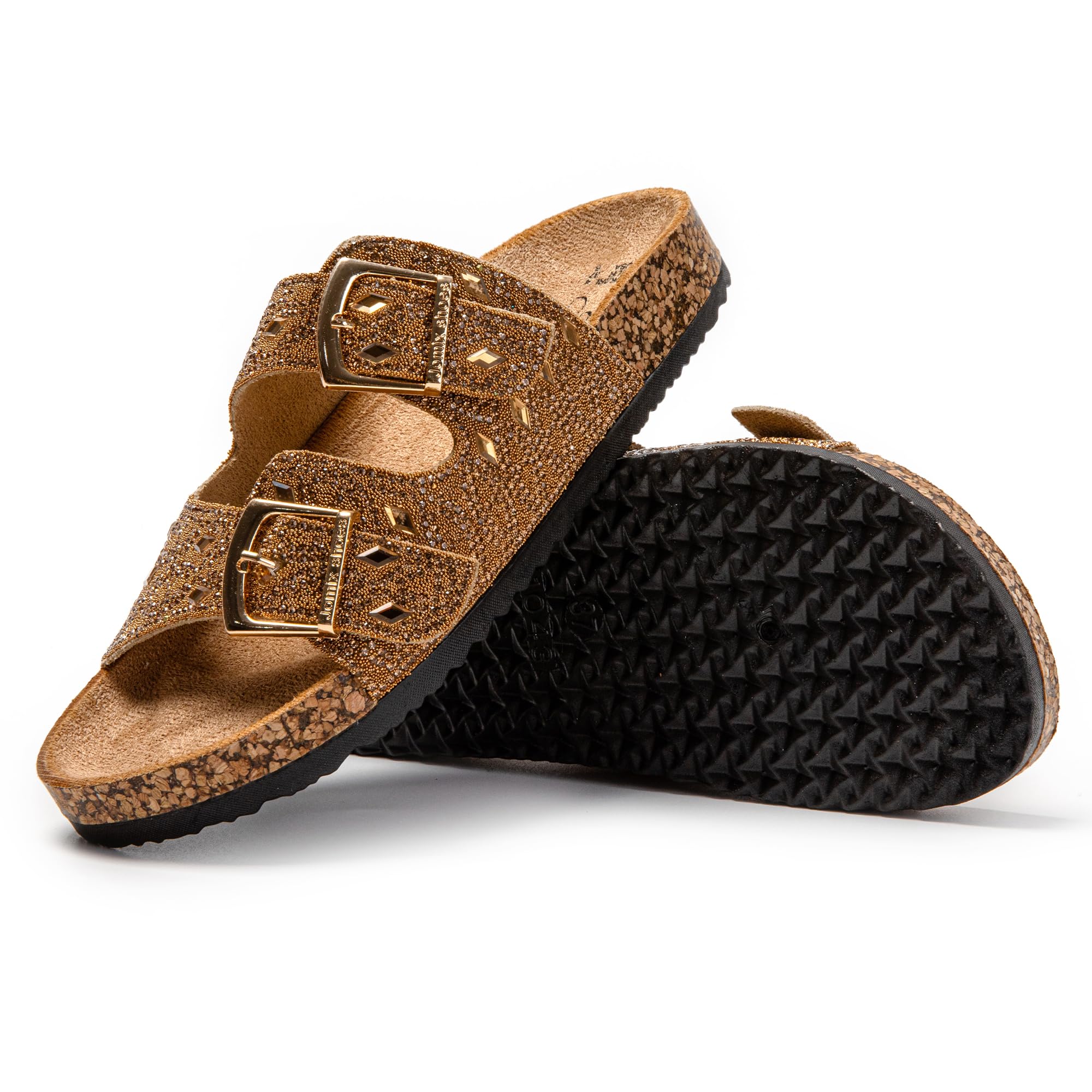 JOMIX Pantoletten Damen Glitzer Clogs Bohemian Bunte Sandalen mit Strass Plateau Bequeme Strand Kork Schuhe