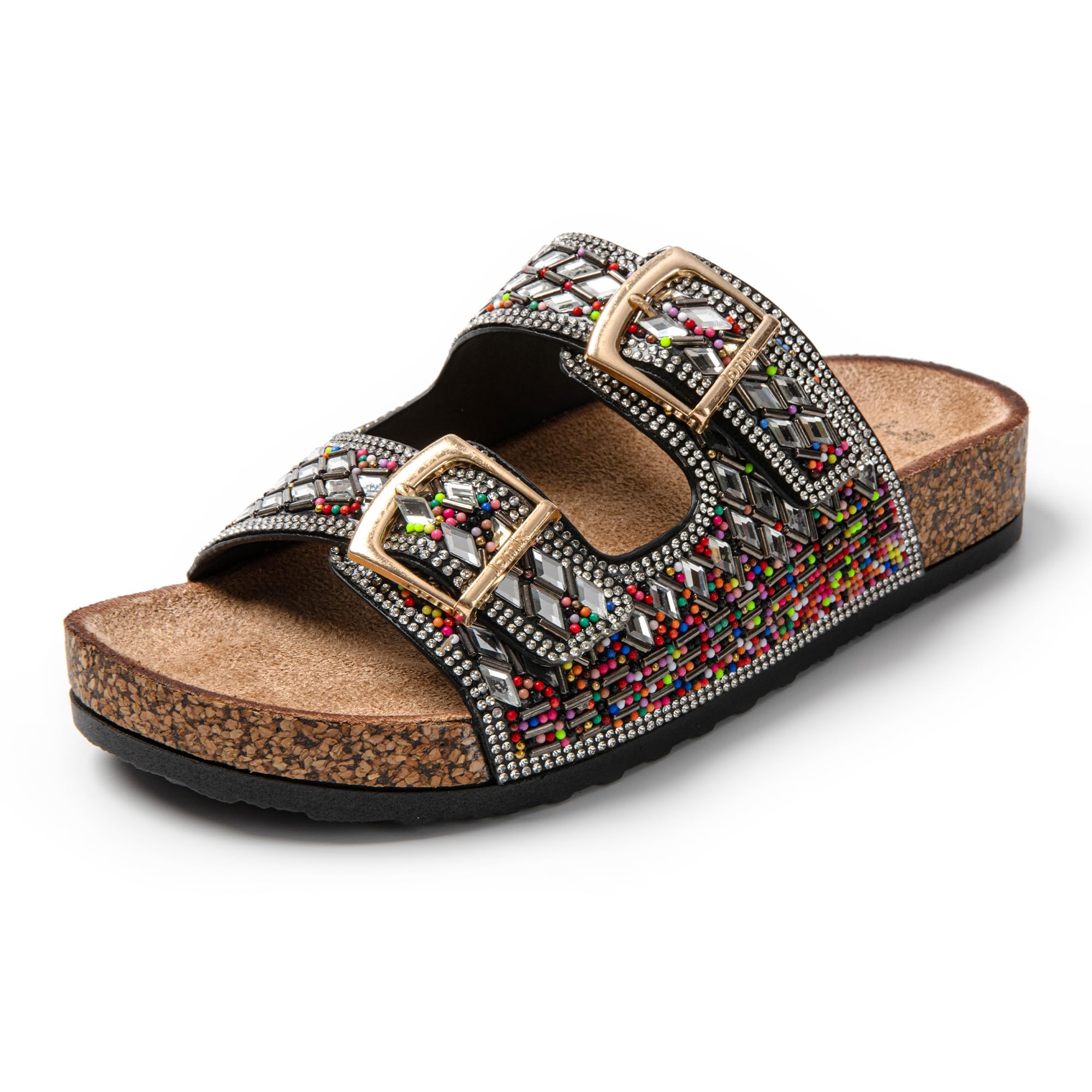 JOMIX Pantoletten Damen Glitzer Clogs Bunte Sandalen mit Strass Plateau Bequeme Strand Kork Schuhe