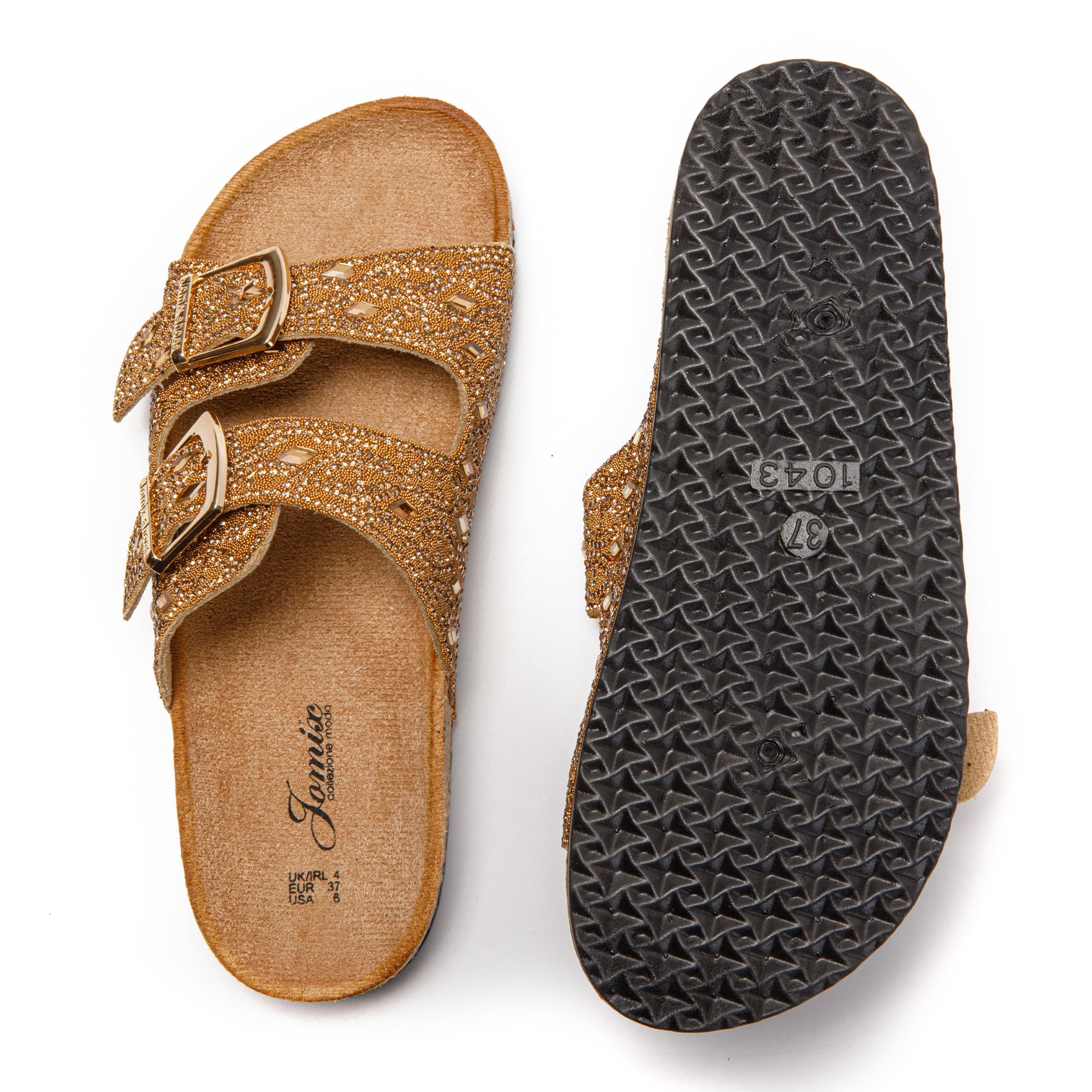 JOMIX Pantoletten Damen Glitzer Clogs Bohemian Bunte Sandalen mit Strass Plateau Bequeme Strand Kork Schuhe