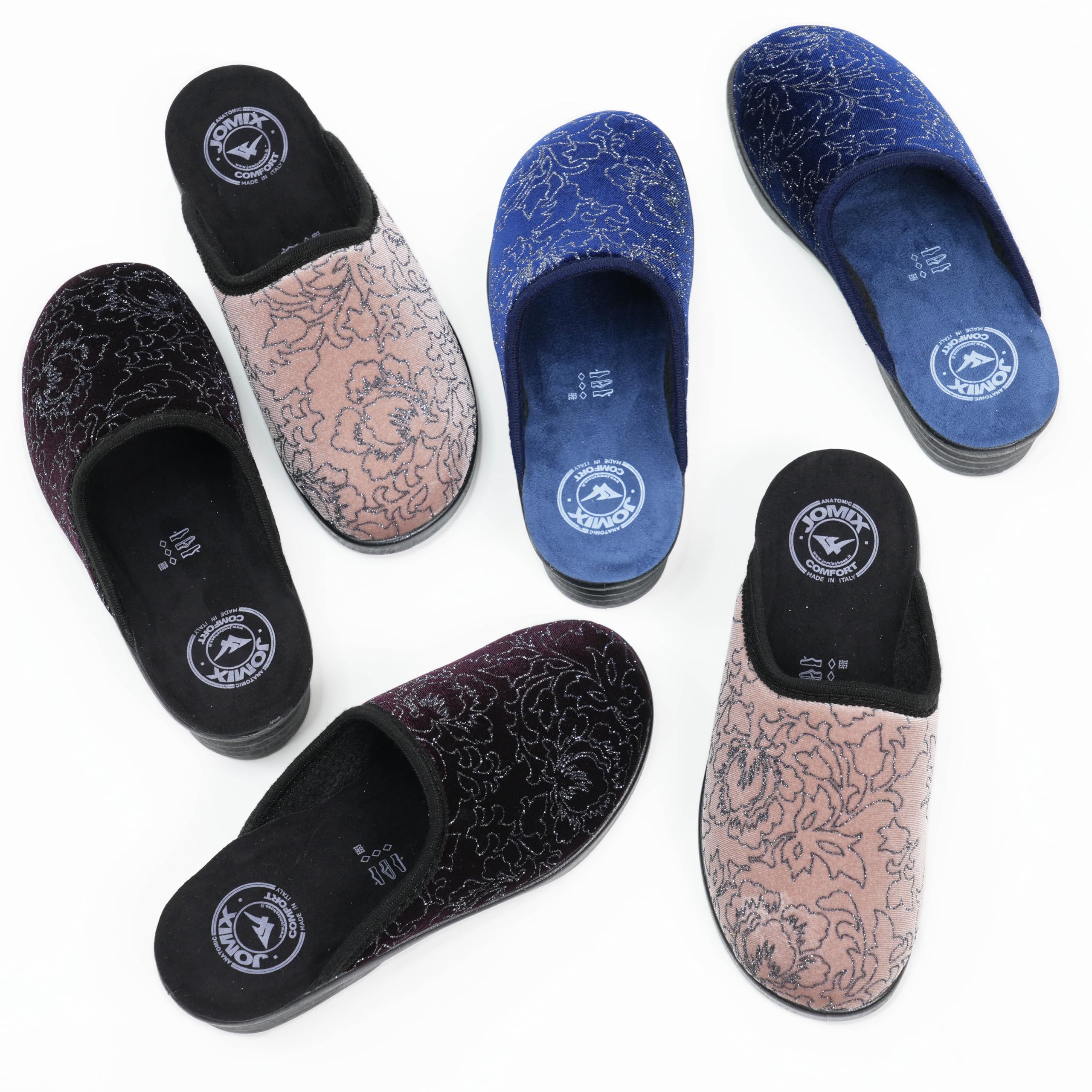JOMIX Hausschuhe Damen Pantoletten mit Absatz Winter Bequeme Bedruckte Pantoffeln Made in Italy