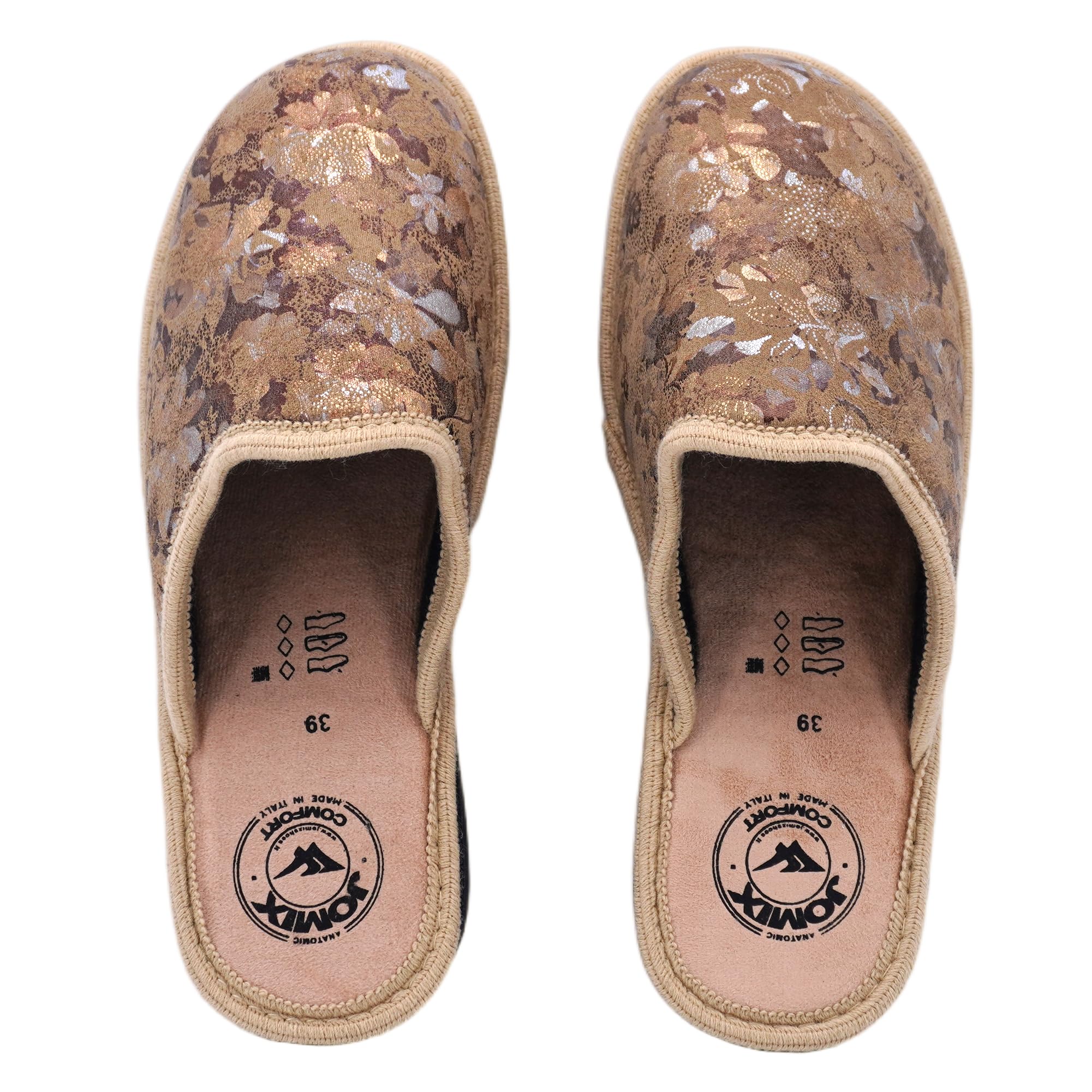 JOMIX Damen Hausschuhe Winter Bequem Geschlossen mit Keil Absatz Florales Glänzendes Muster Rutschfeste Sohle Warm Made in Italy