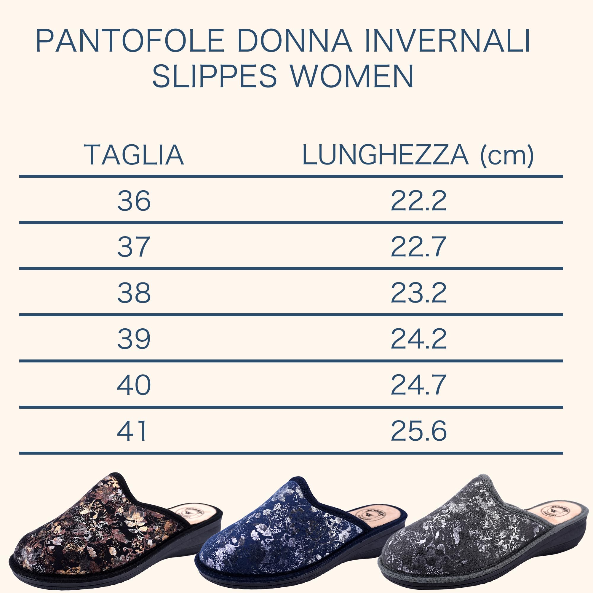 JOMIX Damen Hausschuhe Winter Bequem Geschlossen mit Keil Absatz Florales Glänzendes Muster Rutschfeste Sohle Warm Made in Italy