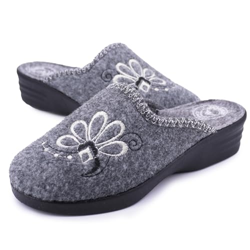 JOMIX Damen Hausschuhe Winter Made in Italy Bequem Weich mit Niedrigem Keil Blumenstickerei Elegant für Zuhause