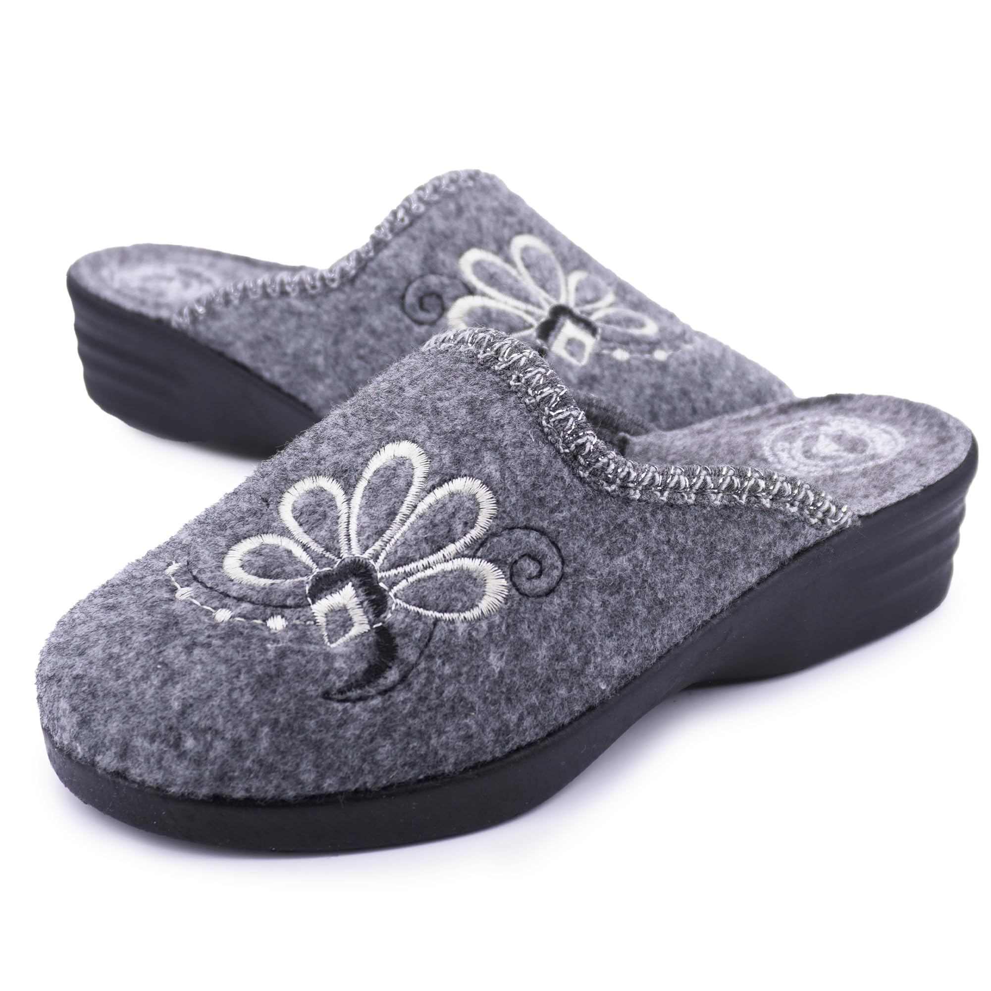JOMIX Damen Hausschuhe Winter Made in Italy Bequem Weich mit Niedrigem Keil Blumenstickerei Elegant für Zuhause