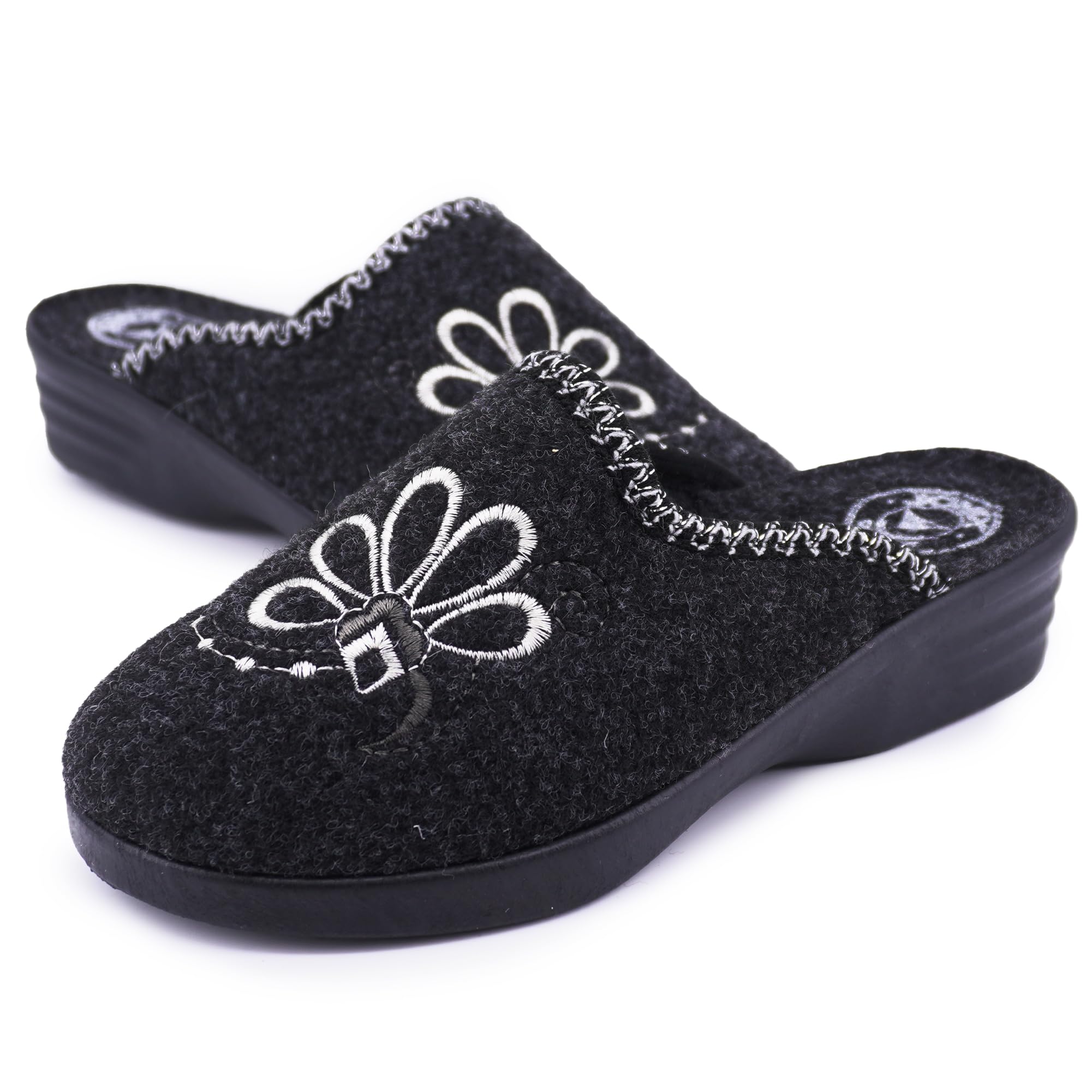 JOMIX Damen Hausschuhe Winter Made in Italy Bequem Weich mit Niedrigem Keil Blumenstickerei Elegant für Zuhause