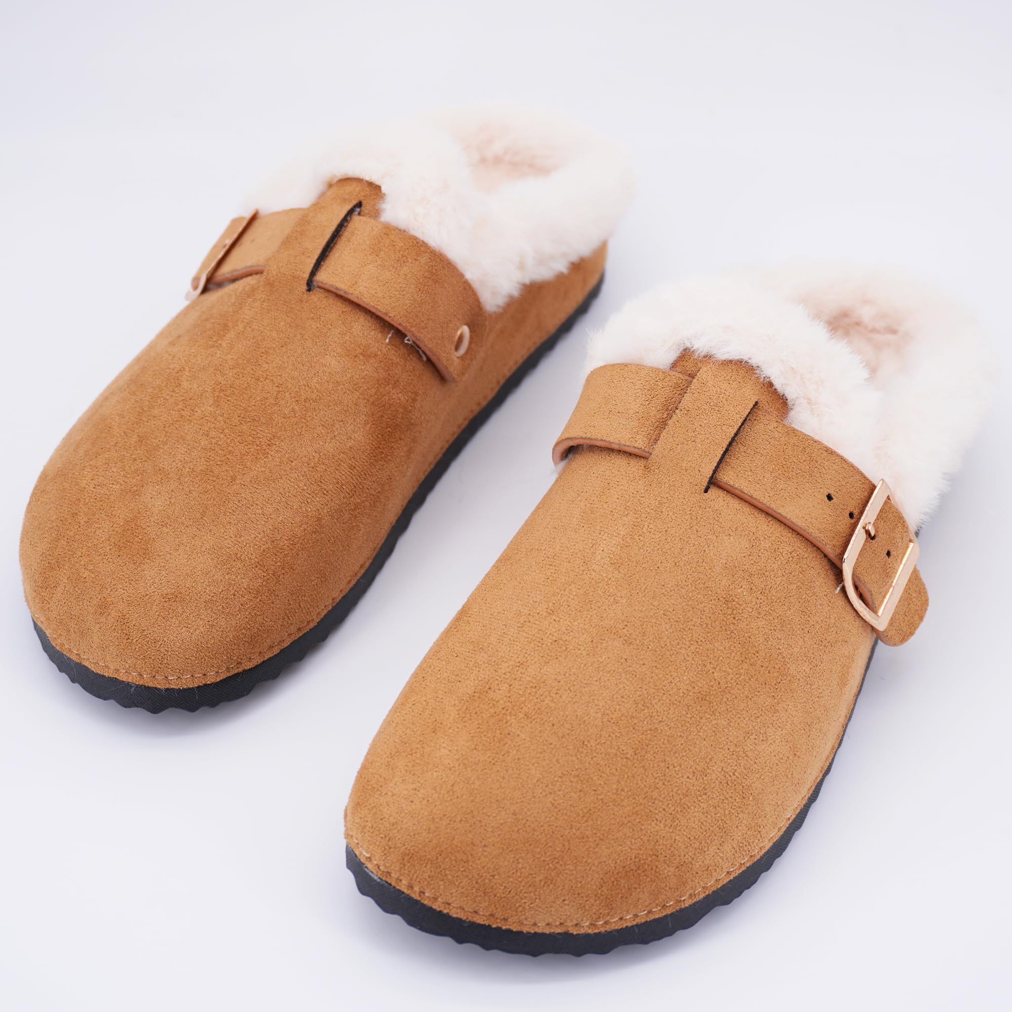 JOMIX Damen Hausschuhe Winter Warme Plüsch Gefüttert Pantoffeln Bequeme Flache Kunstwildleder Slippers mit Verstellbar Schnalle Indoor Outdoor
