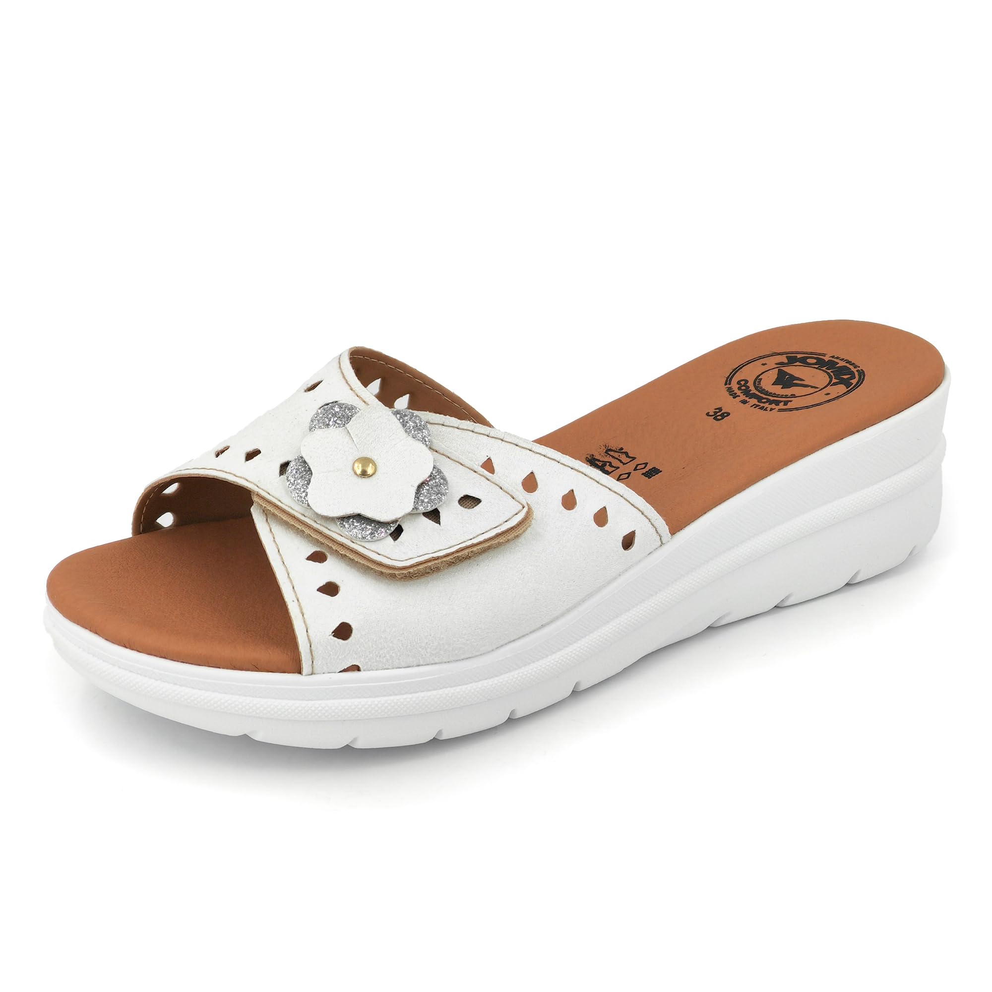 JOMIX Damen Pantoffeln mit Klettverschluss Leder Sandalen Sommer Plateau Pantoletten Keilabsatz Rutschfest Schlappen