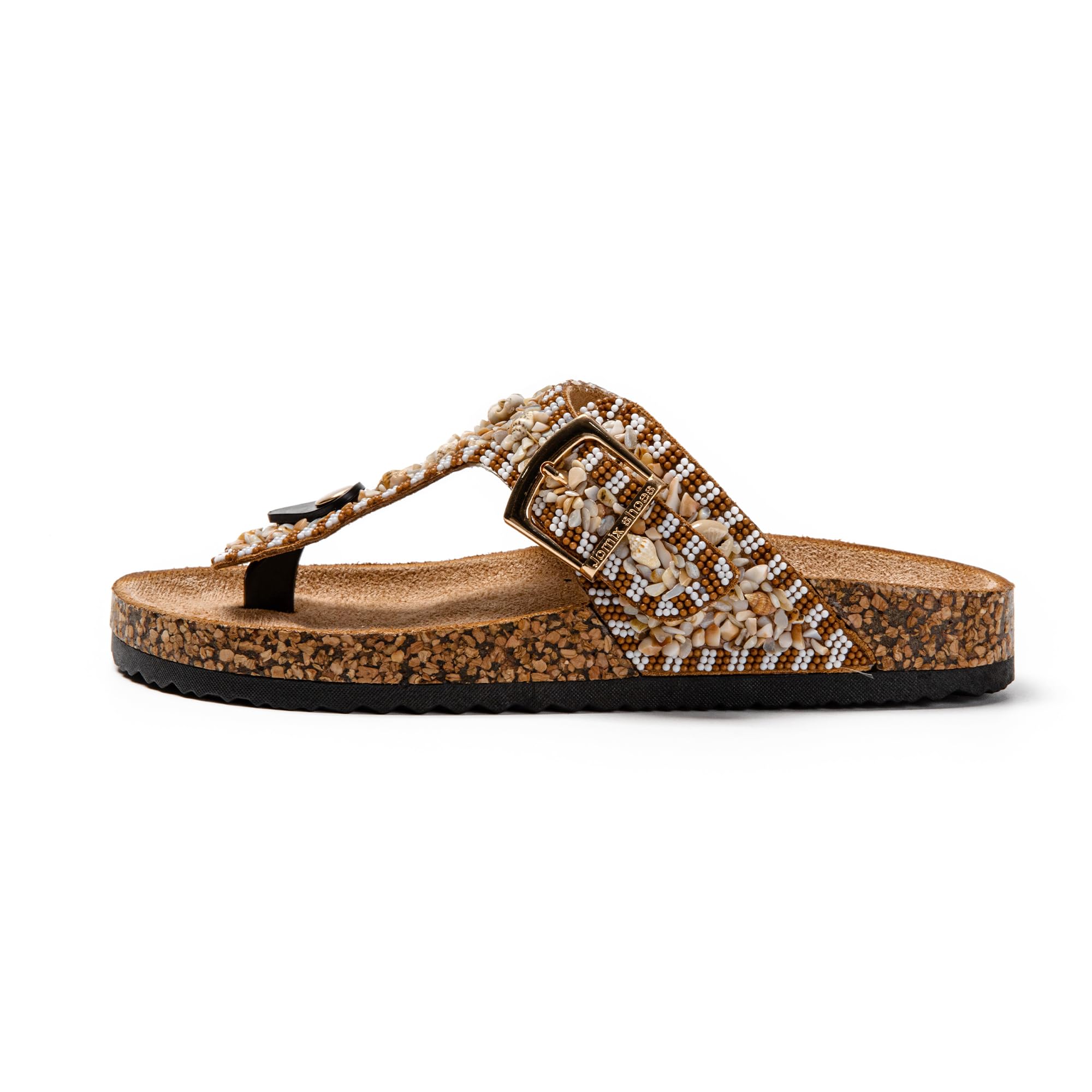 JOMIX Damen Pantoletten - Bequeme Kork Flip Flops mit Strasssteinen Sommer Glitzer Sandalen Schnalle Sommerschuhe Meer Pool Strand Schwimmen