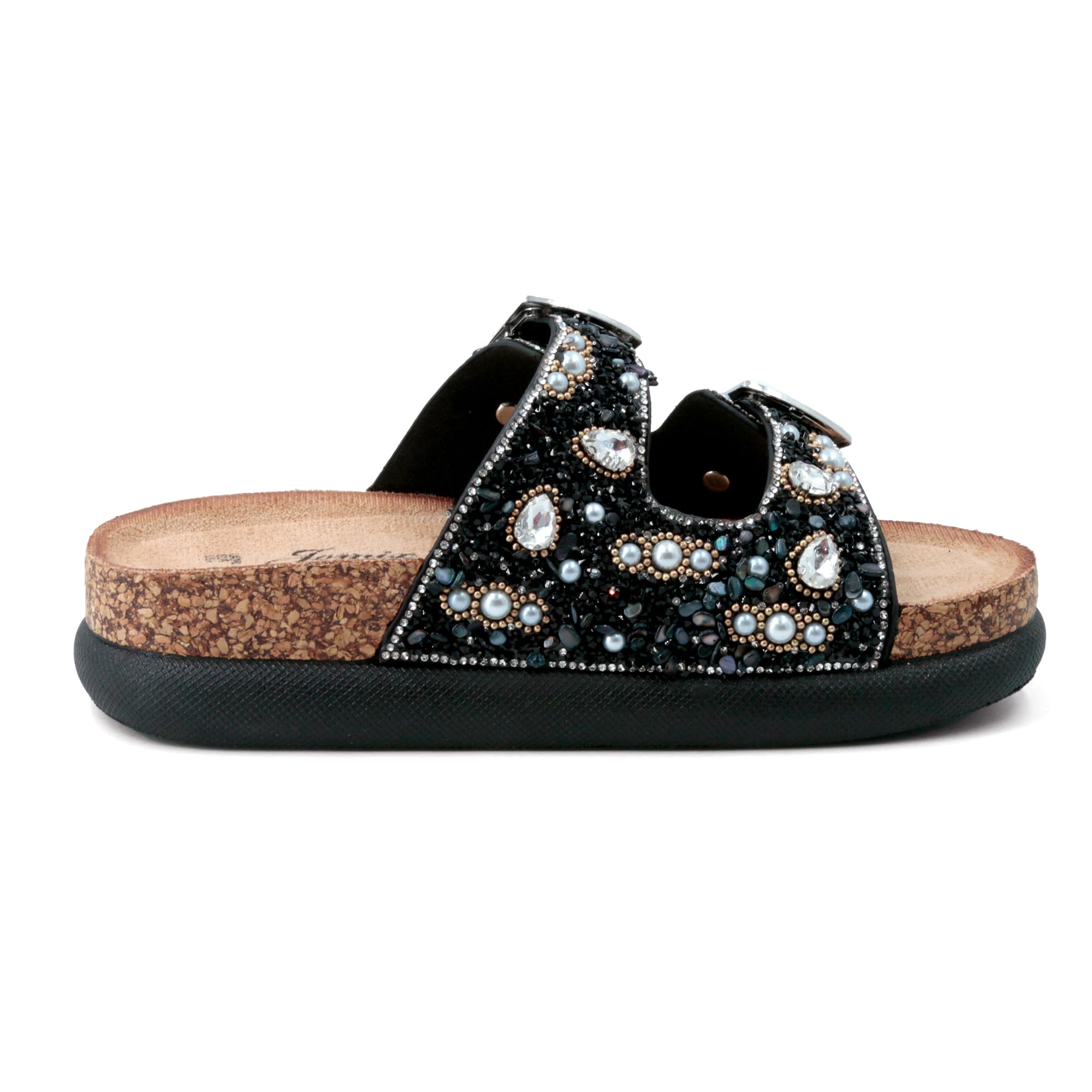 JOMIX Damen Pantoletten Glitzer Clogs mit Strassstein Plateau Bequeme Kork Bohemian Sandalen Strand Sommerschuhe mit Verstellbarer Schnalle