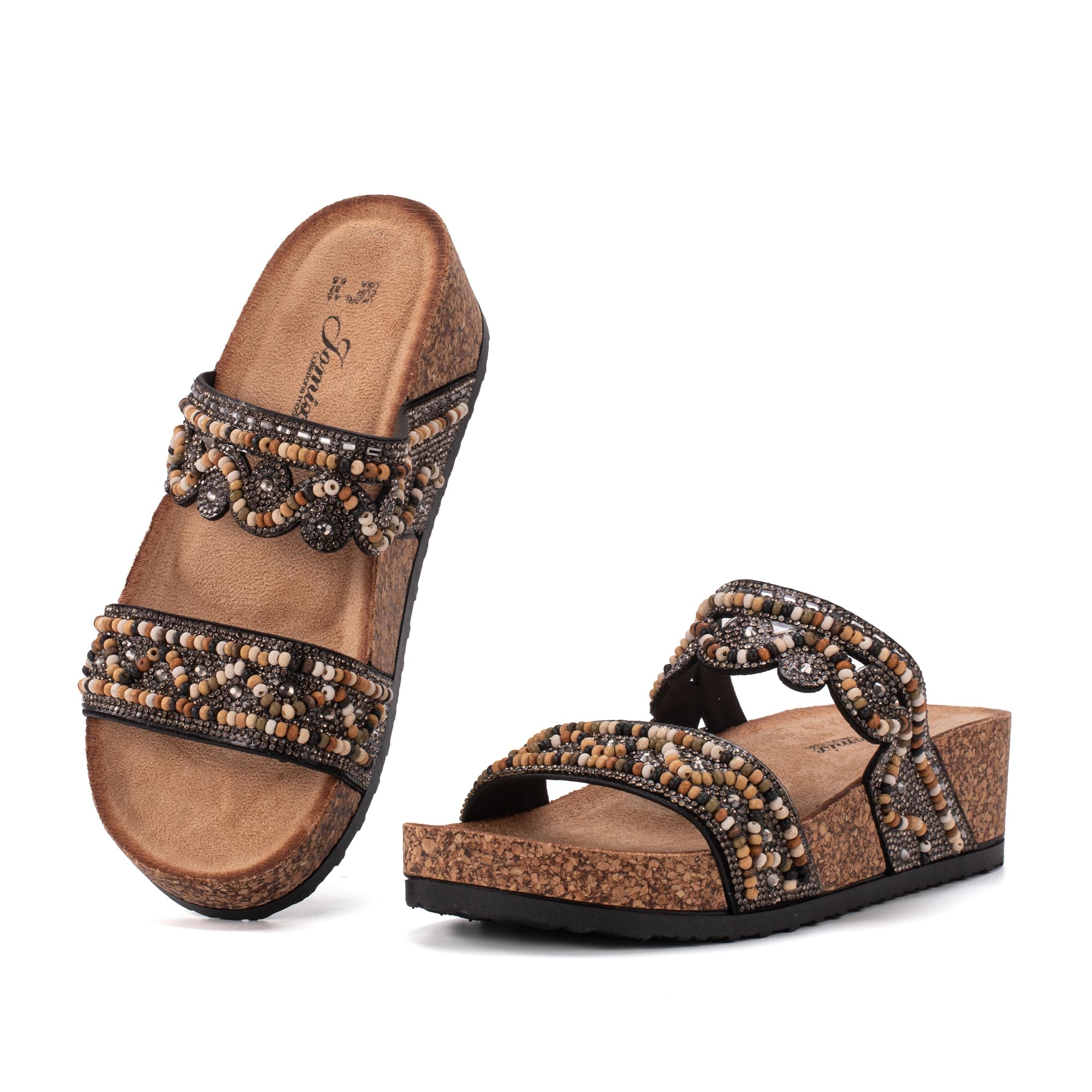 JOMIX Damen Pantoletten - Glitzer Sandalen Sommer Kork Strandsandalen Dicke Slides Sandaletten mit Strass Perlen Bequem Sommersandalen Strand Schuhe