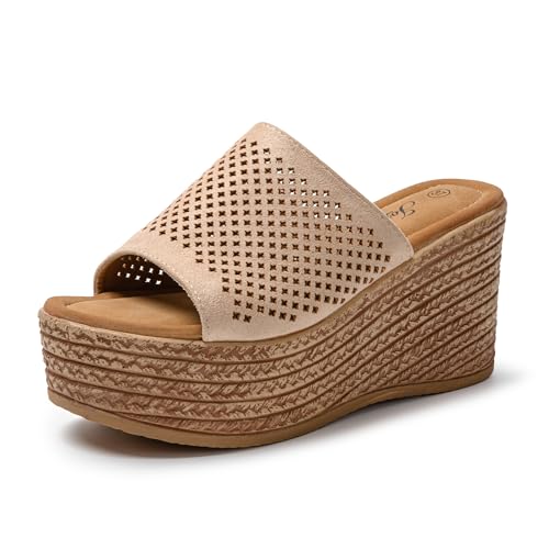 JOMIX Damen Pantoletten mit Absatz Sommerschuhe Plateau Sandalen mit Kork - Fußbett Schlappen Frauen Slipper