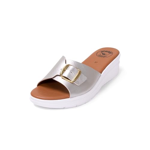 JOMIX Damen Sandalen Leder Sommer Plateau Pantoletten Keilabsatz Strandschuhe Schlappen Slipper
