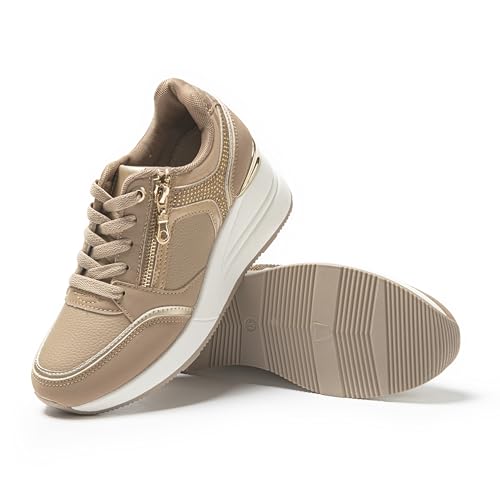 JOMIX Damen Sneaker mit Keilabsatz Mode Sportschuhe Bequeme Leder Freizeitschuhe Plateau Casual Schuhe