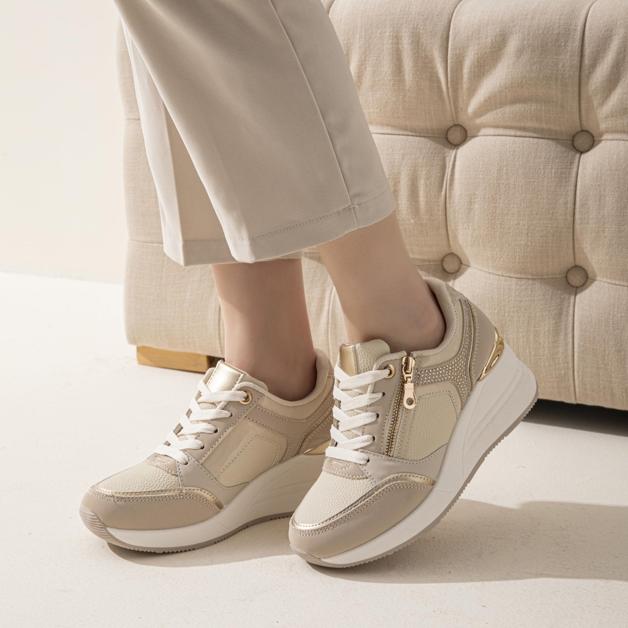 JOMIX Damen Sneaker mit Keilabsatz Mode Sportschuhe Bequeme Leder Freizeitschuhe Plateau Casual Schuhe