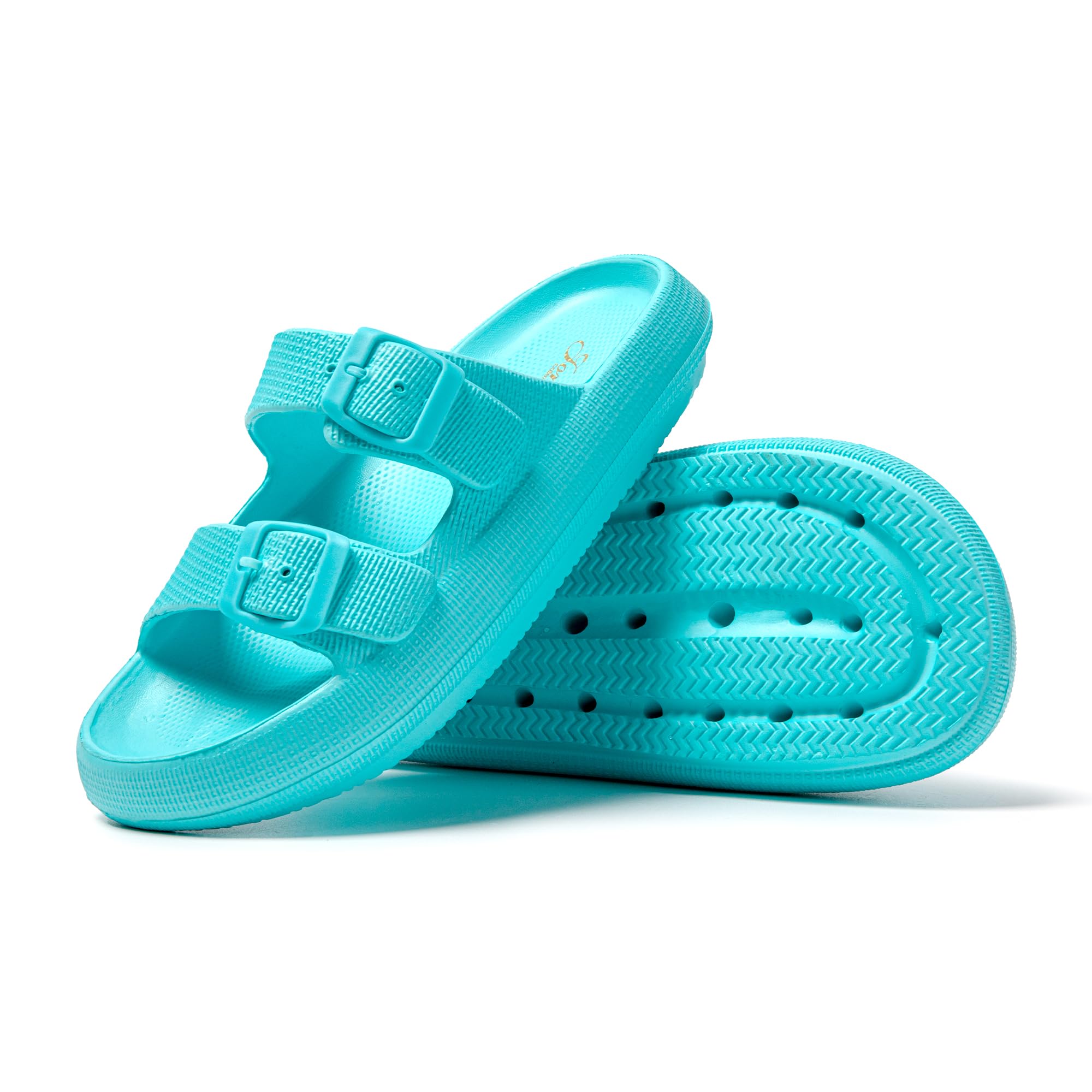 JOMIX Damen Sommer Schlappen Badeschuhe Badelatschen Bunte Pantoletten Flache Rutschfest Sandalen Leicht 100% Eva Badeschlappen mit Schnalle Slipper