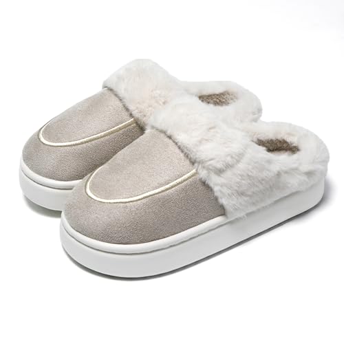 JOMIX Hausschuhe Damen Winter Plateau Pantoletten Pantoffeln Plüsch Latschen Bequeme Kork Fußbett Outdoor Slippers