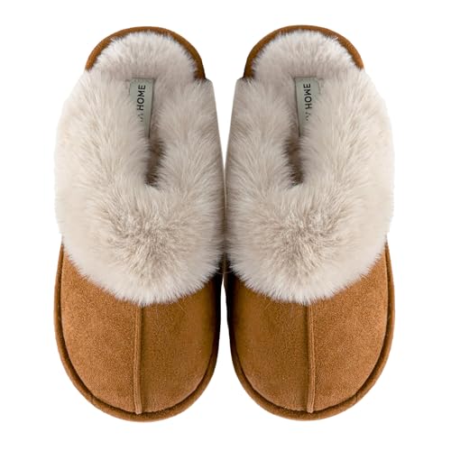 JOMIX Hausschuhe Damen Winter Warm Gefüttert Rutschfest Geschlossene Zehen Leicht Leise Pantoffeln Mit Plüschfutter Gummisohle in Velours Optik Mule Sabot für Zuhause