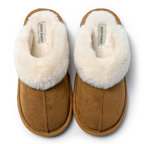 JOMIX Hausschuhe Damen Winter Warm Gefüttert Rutschfest Geschlossene Zehen Leicht Leise Pantoffeln Mit Plüschfutter Gummisohle in Velours Optik Mule Sabot für Zuhause