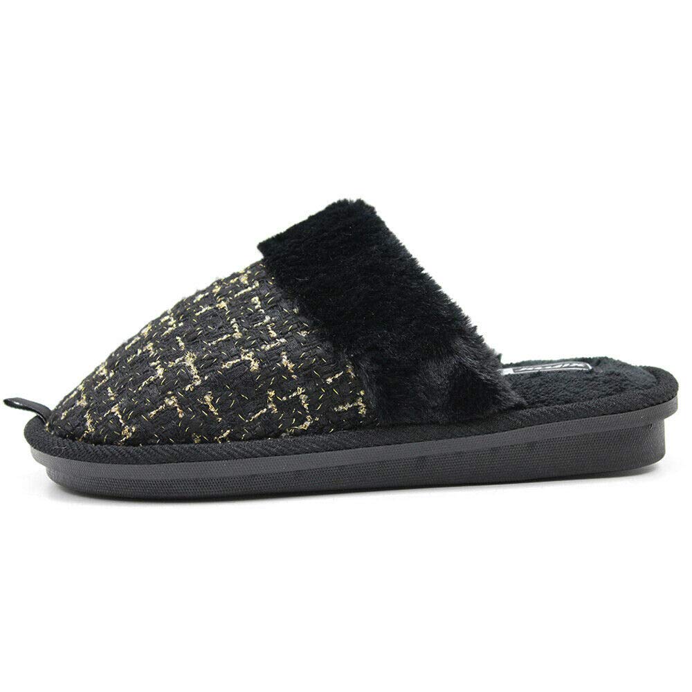 JOMIX Hausschuhe Damen Winter Warm Gefüttert Rutschfest Geschlossene Zehen Leicht Leise Pantoffeln Mit Plüschfutter Gummisohle in Velours Optik Mule Sabot für Zuhause