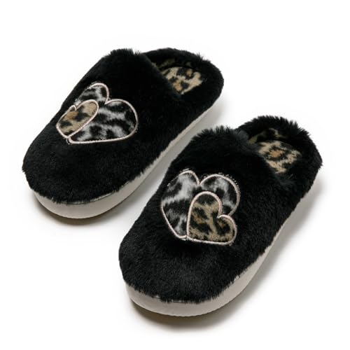 JOMIX Hausschuhe Damen Winter Warme Plüsch Gefüttert Pantoffeln Bequeme Rutschfeste Herzen Leopard Slippers Elegant Puschen