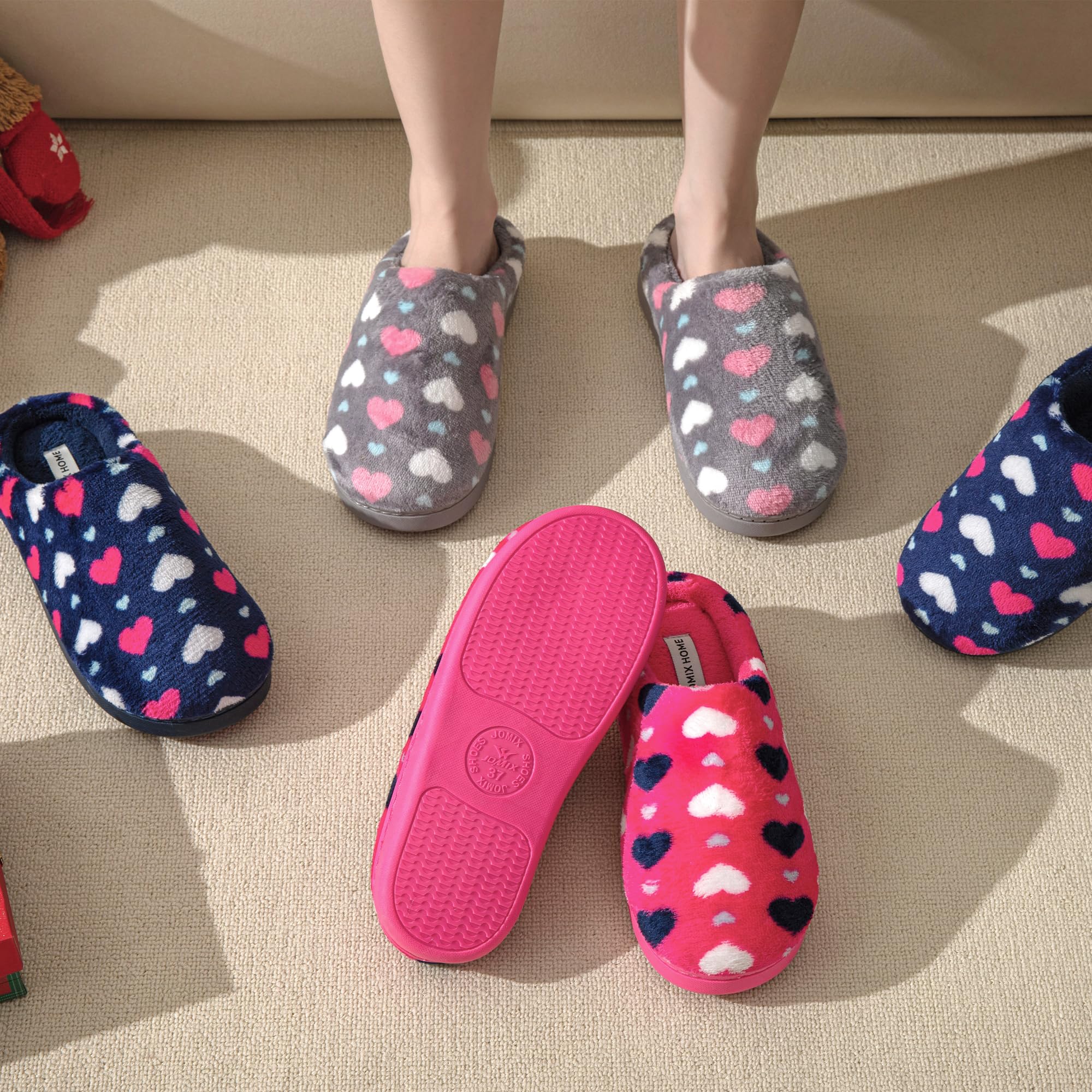 JOMIX Pantofole Donna Invernali Calde Ciabatte Ragazze Pelose con Cuoricini