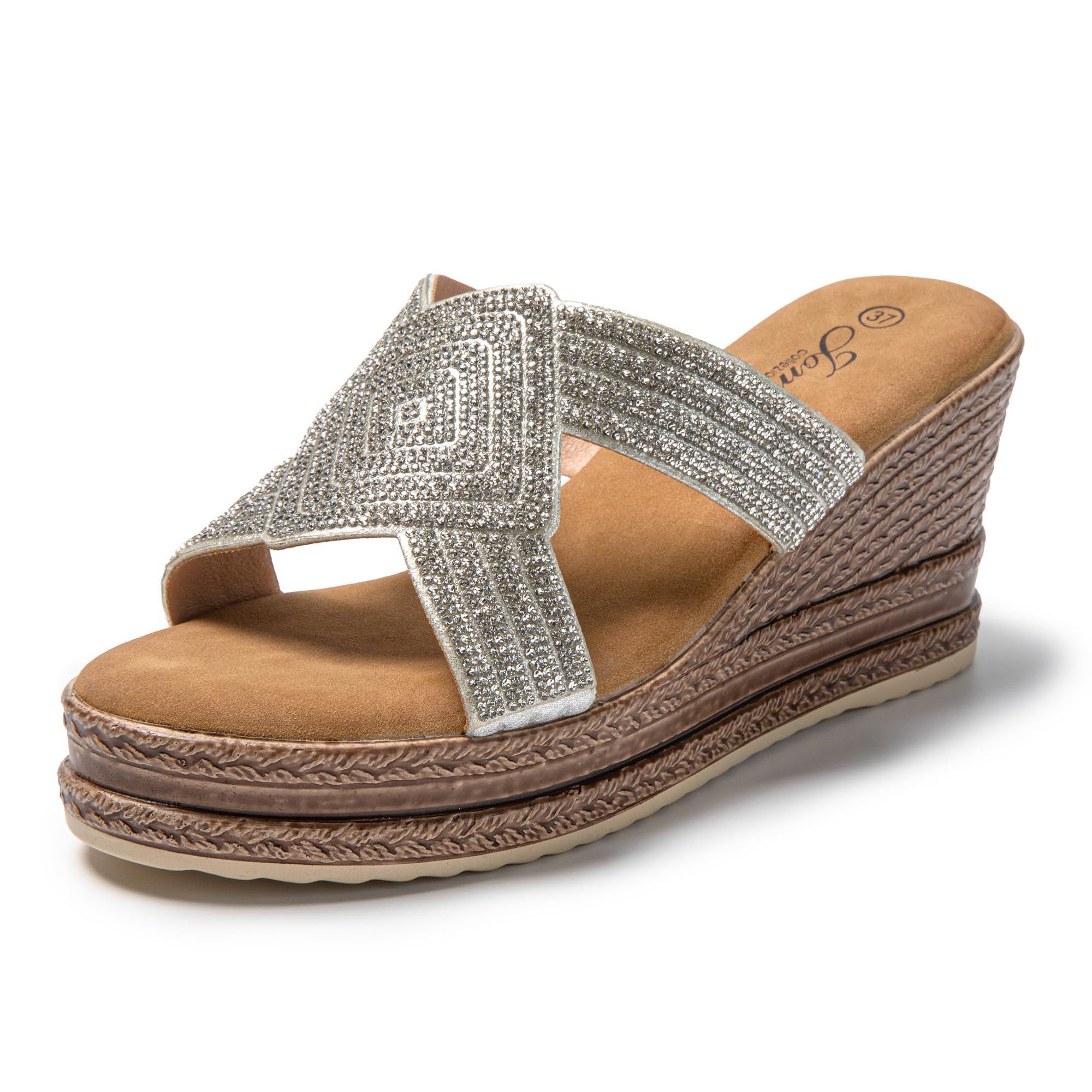 JOMIX Pantoletten Damen Elegant Sandalen mit Absatz Sommer Anatomische Fußbett Keil Strass Schlappen Strand Hausschuhe Strandsandalen