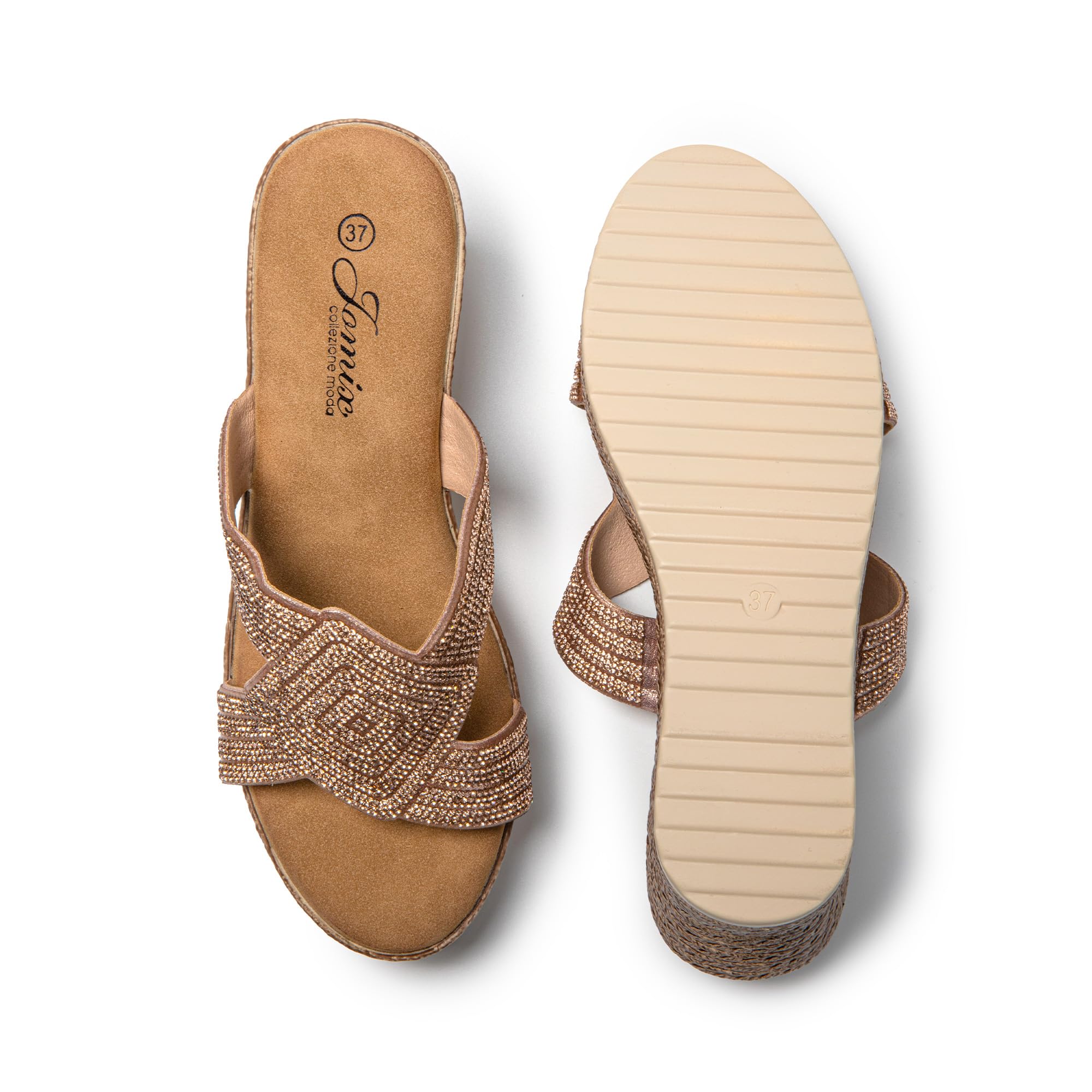 JOMIX Pantoletten Damen Elegant Sandalen mit Absatz Sommer Anatomische Fußbett Keil Strass Schlappen Strand Hausschuhe Strandsandalen