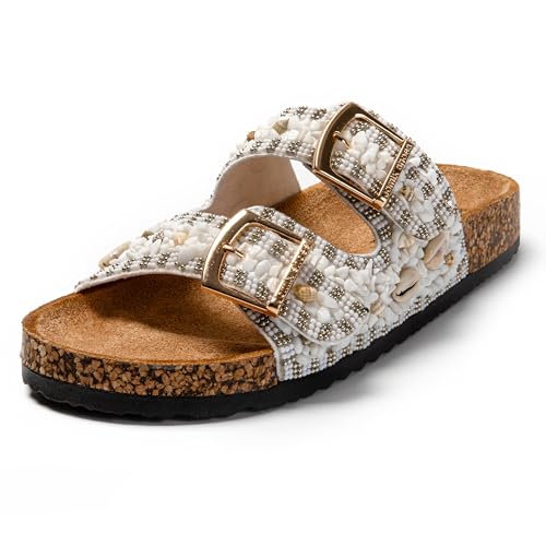 JOMIX Pantoletten Damen Glitzer Clogs Bohemian Bunte Sandalen mit Muscheln Plateau Bequeme Strand Kork Schuhe