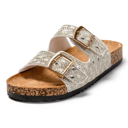JOMIX Pantoletten Damen Glitzer Clogs Bohemian Bunte Sandalen mit Strass Plateau Bequeme Strand Kork Schuhe