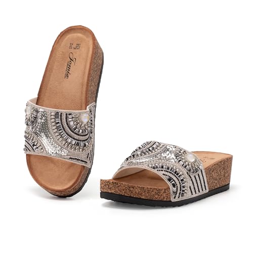 JOMIX Pantoletten Damen Glitzer Clogs Bohemian Bunte Sandalen mit Strassstein Plateau Bequeme Strand Kork Schuhe Sandals Römer Elegant Sandalette