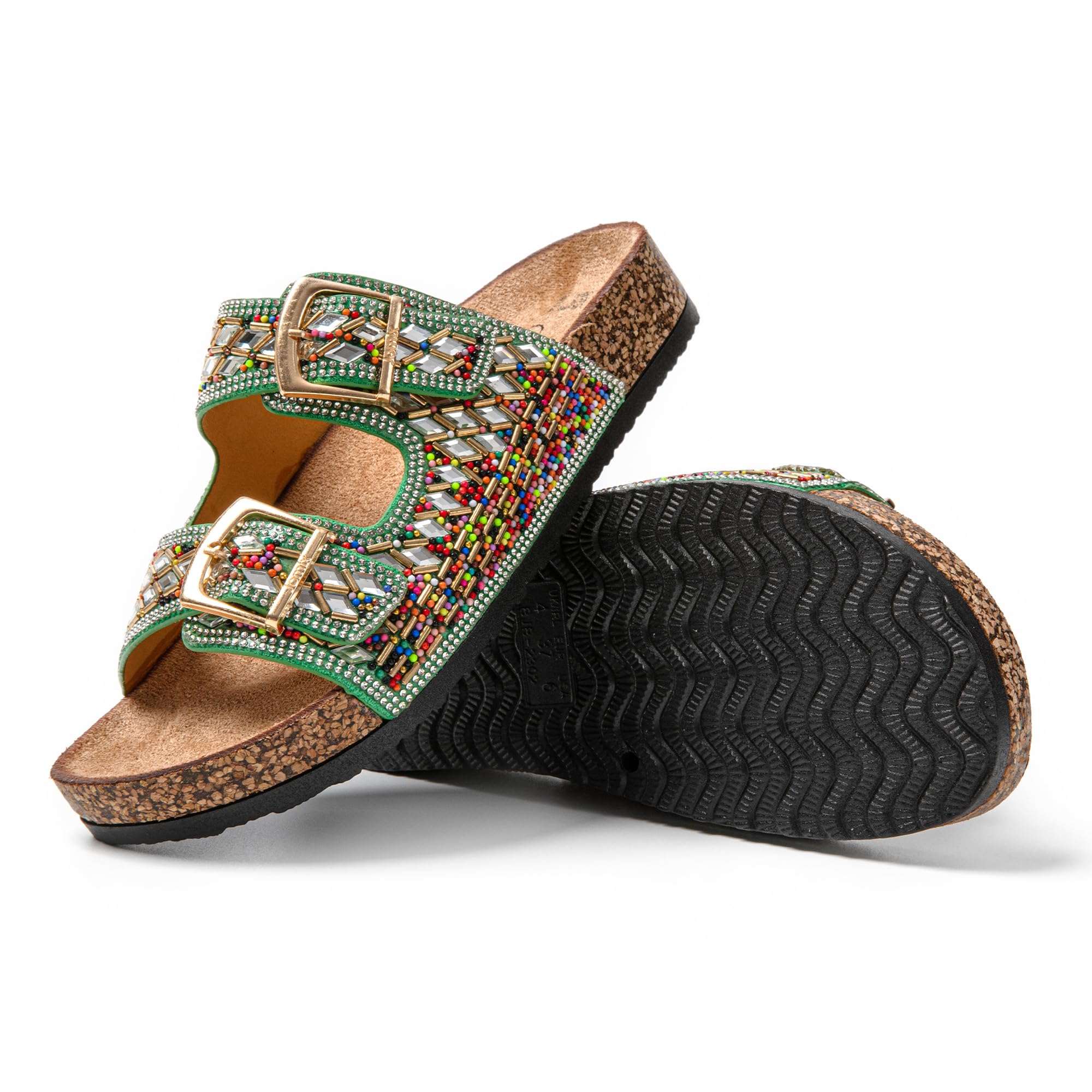 JOMIX Pantoletten Damen Glitzer Clogs Bunte Sandalen mit Strass Plateau Bequeme Strand Kork Schuhe