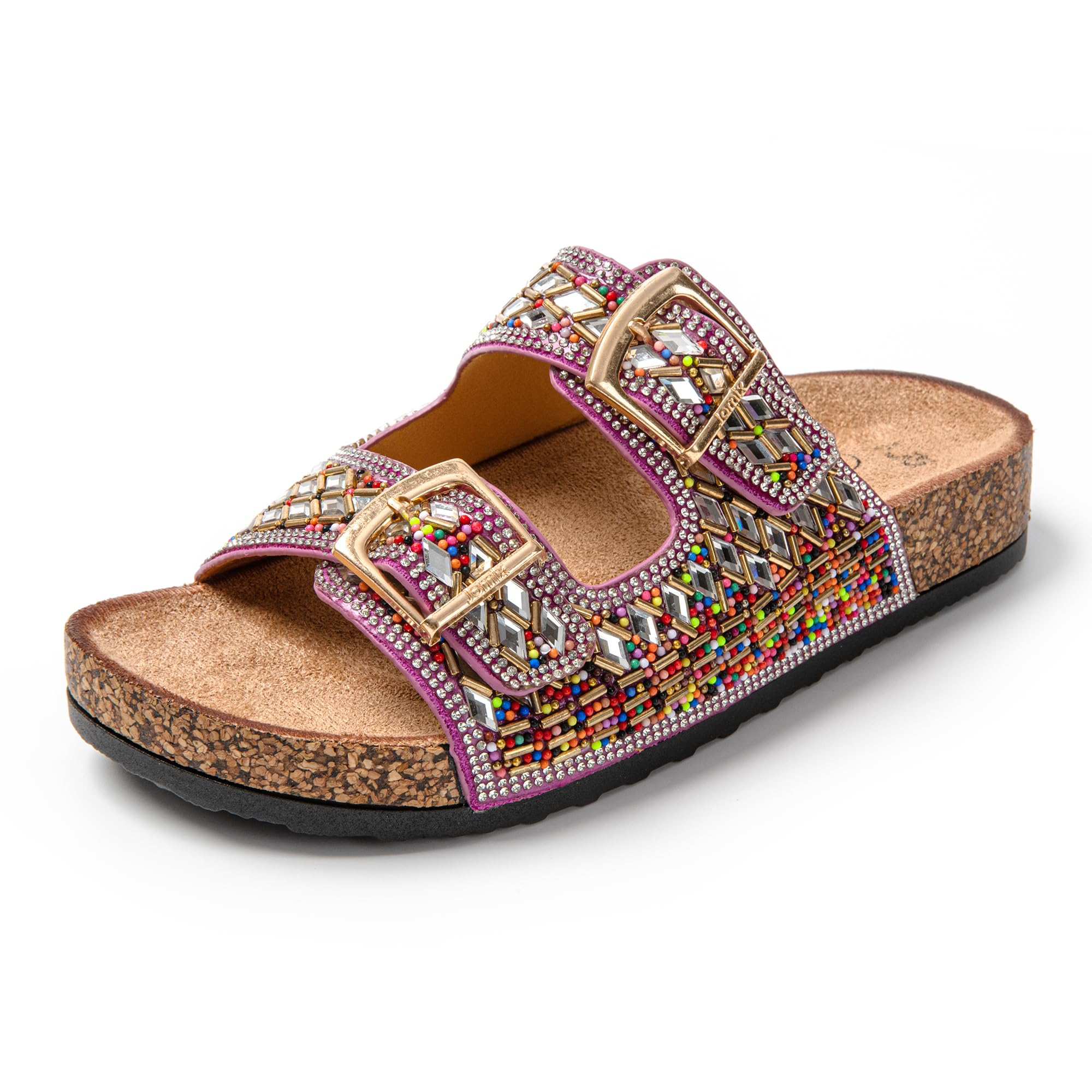 JOMIX Pantoletten Damen Glitzer Clogs Bunte Sandalen mit Strass Plateau Bequeme Strand Kork Schuhe