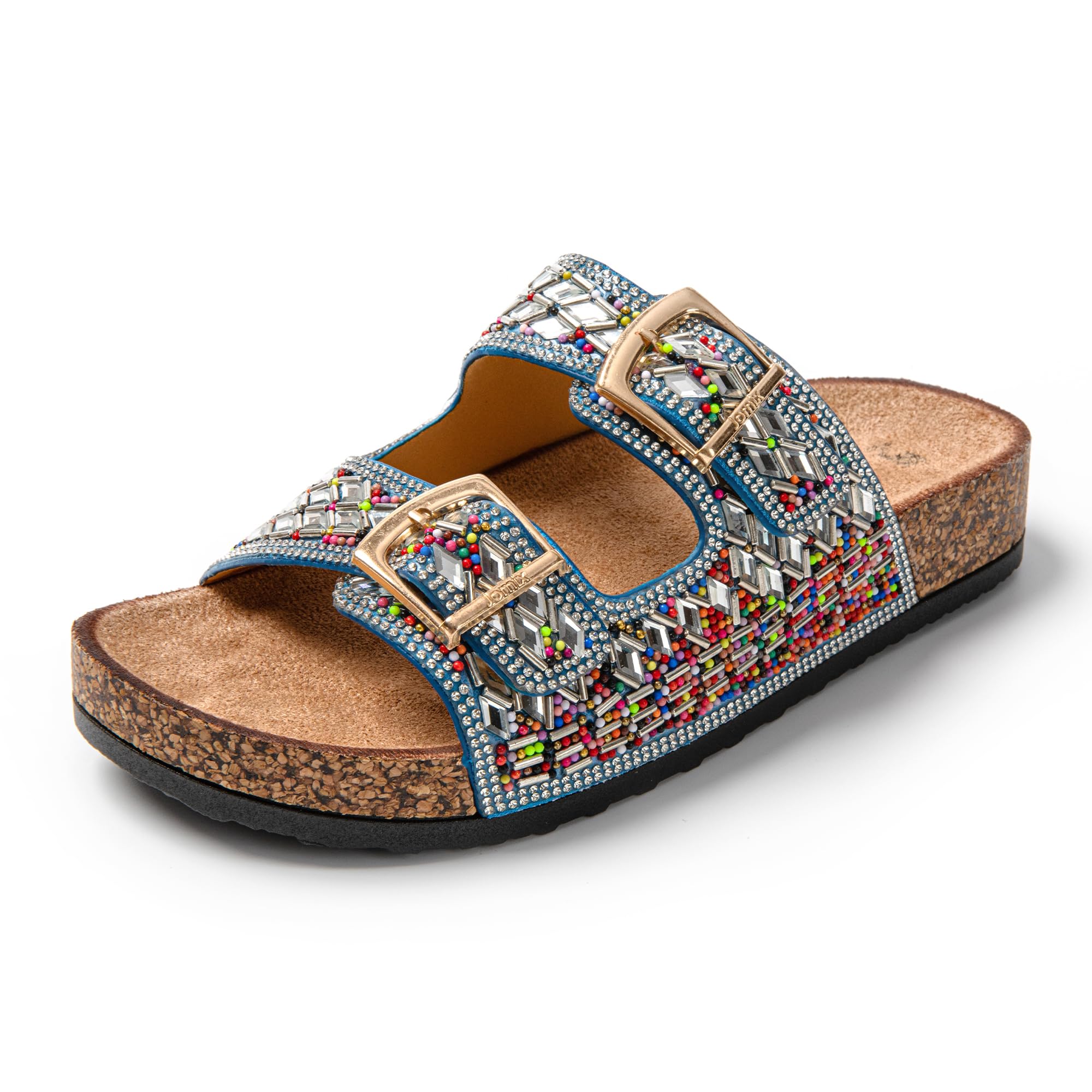JOMIX Pantoletten Damen Glitzer Clogs Bunte Sandalen mit Strass Plateau Bequeme Strand Kork Schuhe