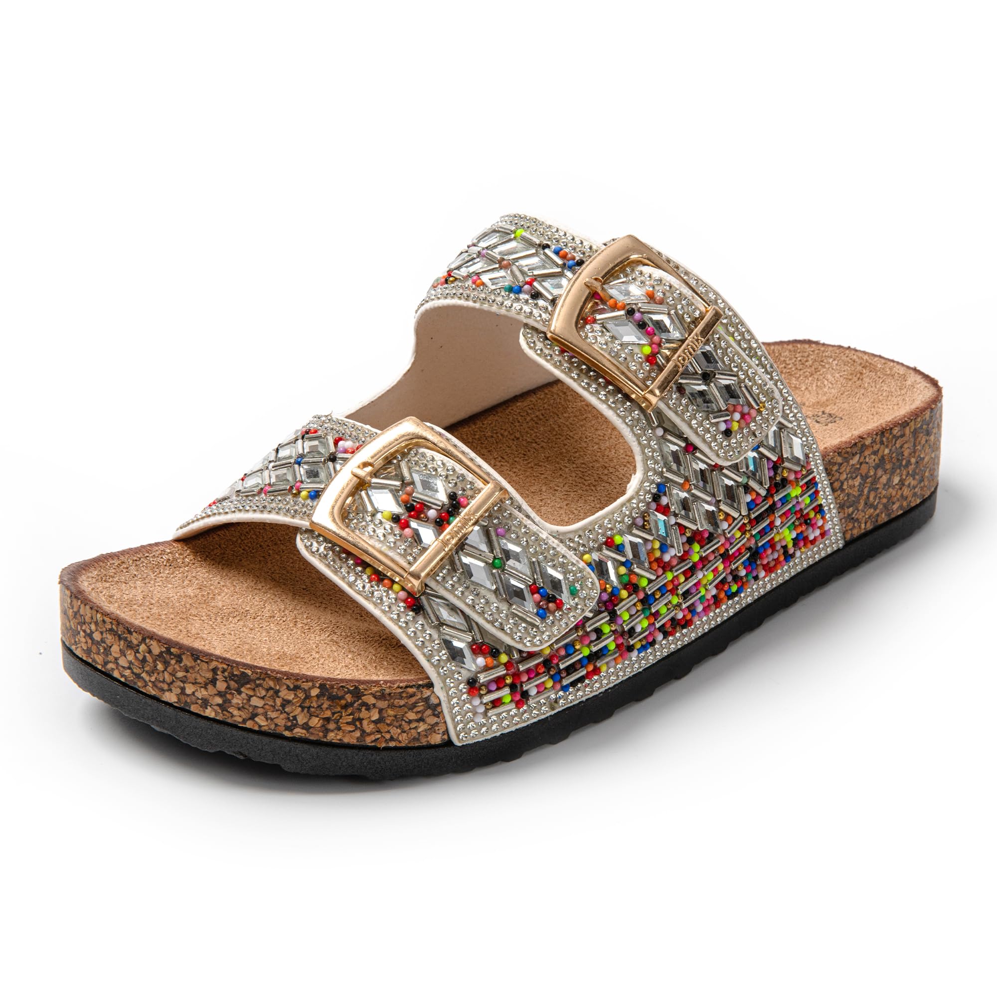 JOMIX Pantoletten Damen Glitzer Clogs Bunte Sandalen mit Strass Plateau Bequeme Strand Kork Schuhe